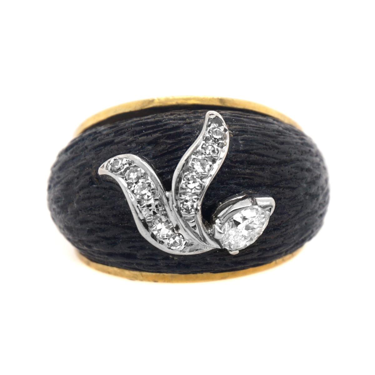 Women's 18 Karat Yellow Gold Diamond Ebony Estate Ring For Sale