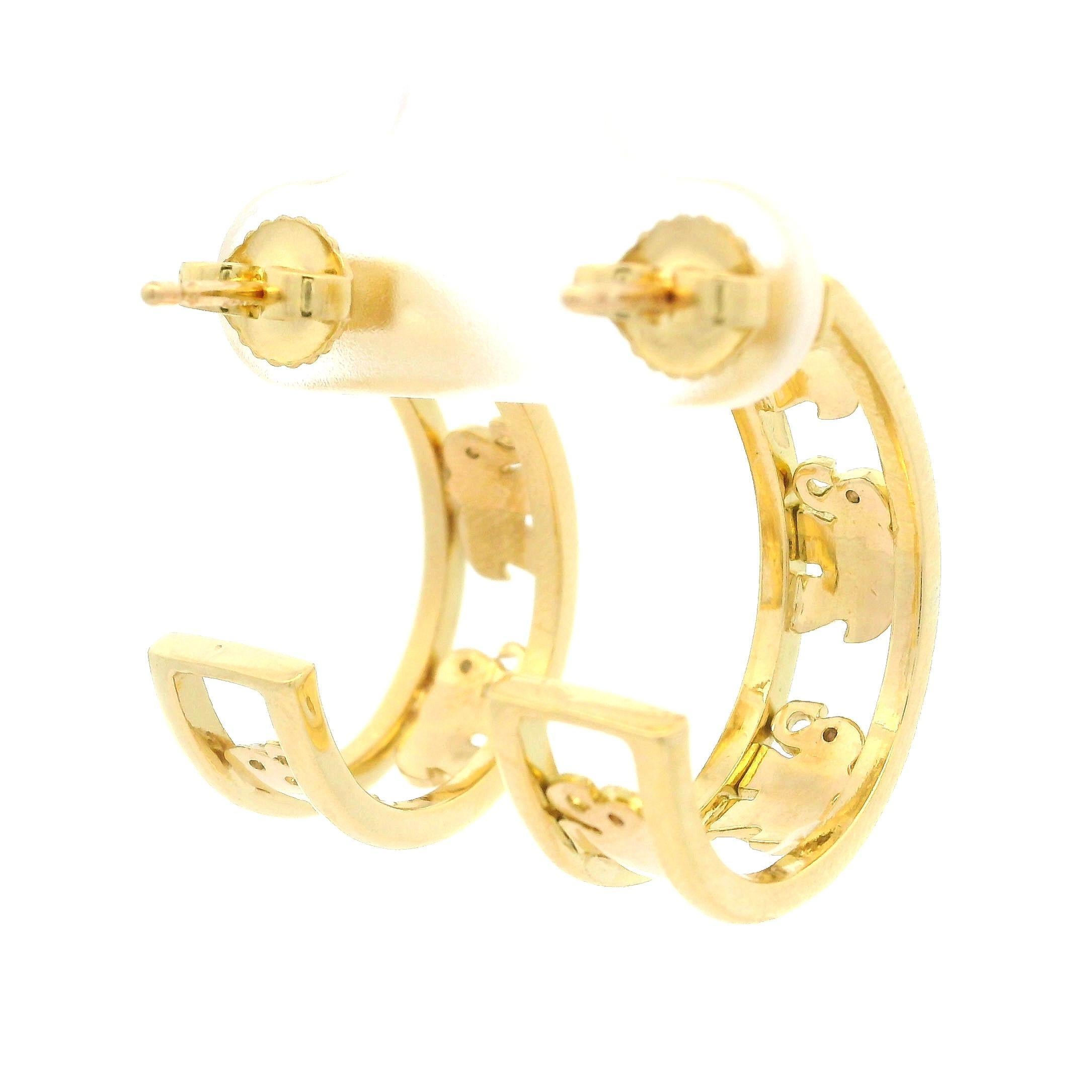 18k Yellow Gold Diamond Elephant Cut Outs Cuff Earrings w/ Butterfly Closures In Excellent Condition For Sale In Montclair, NJ