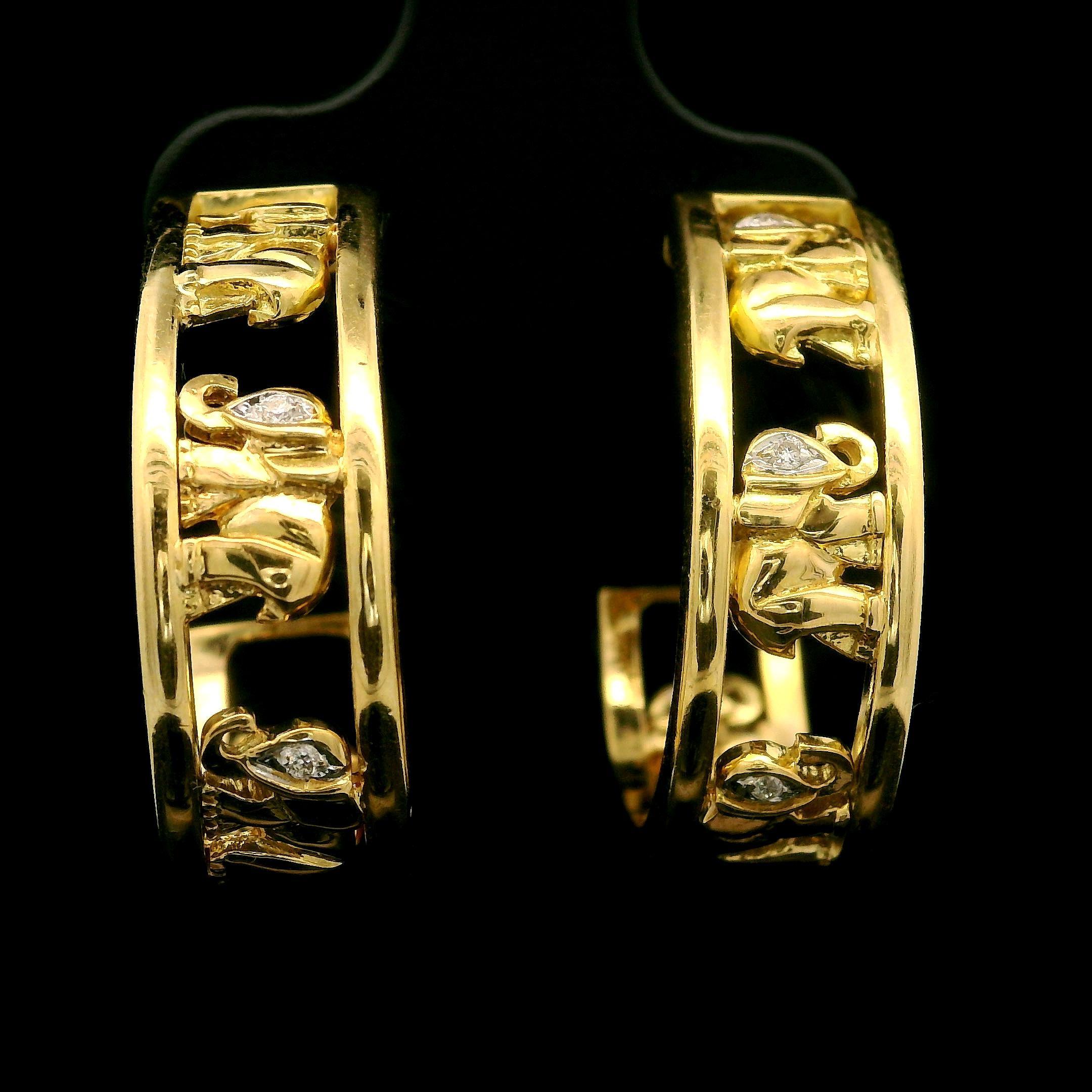 Women's 18k Yellow Gold Diamond Elephant Cut Outs Cuff Earrings w/ Butterfly Closures For Sale