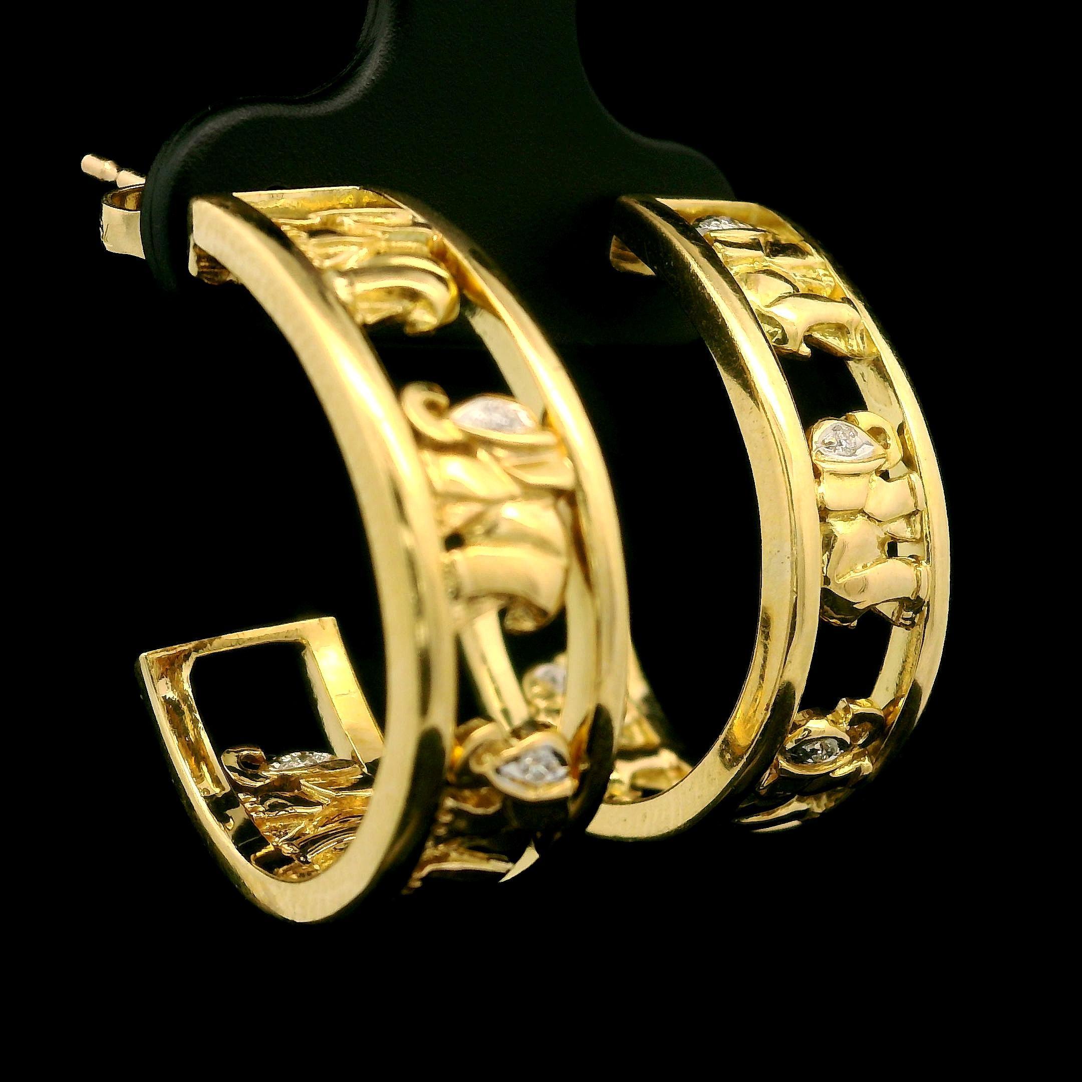 18k Yellow Gold Diamond Elephant Cut Outs Cuff Earrings w/ Butterfly Closures For Sale 1