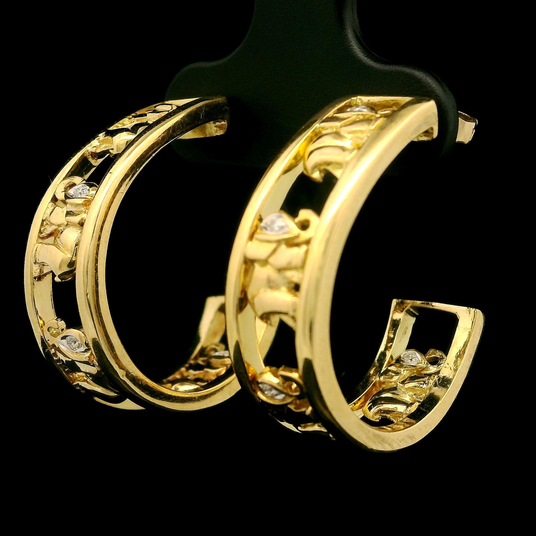 18k Yellow Gold Diamond Elephant Cut Outs Cuff Earrings w/ Butterfly Closures For Sale 2