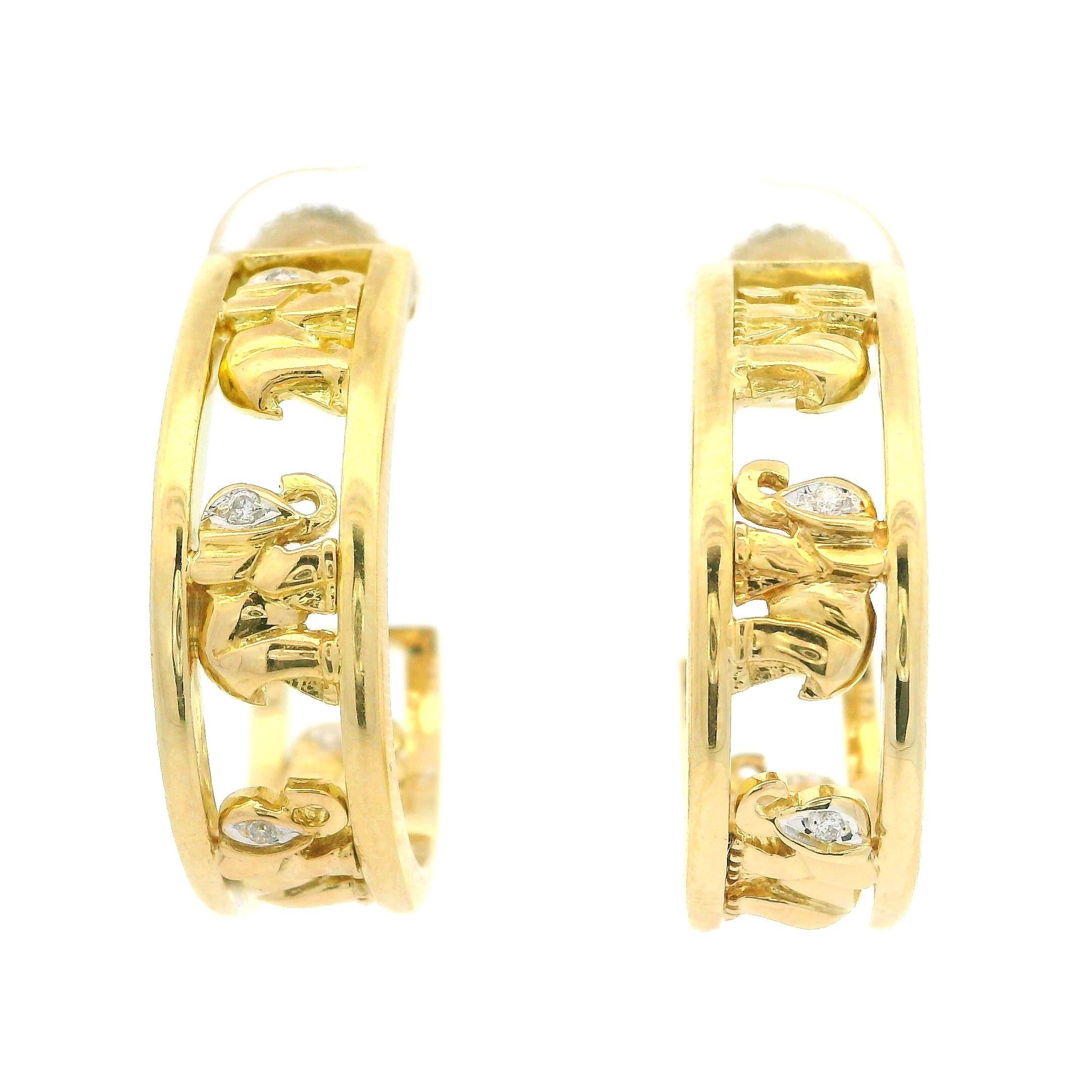 18k Yellow Gold Diamond Elephant Cut Outs Cuff Earrings w/ Butterfly Closures For Sale 3
