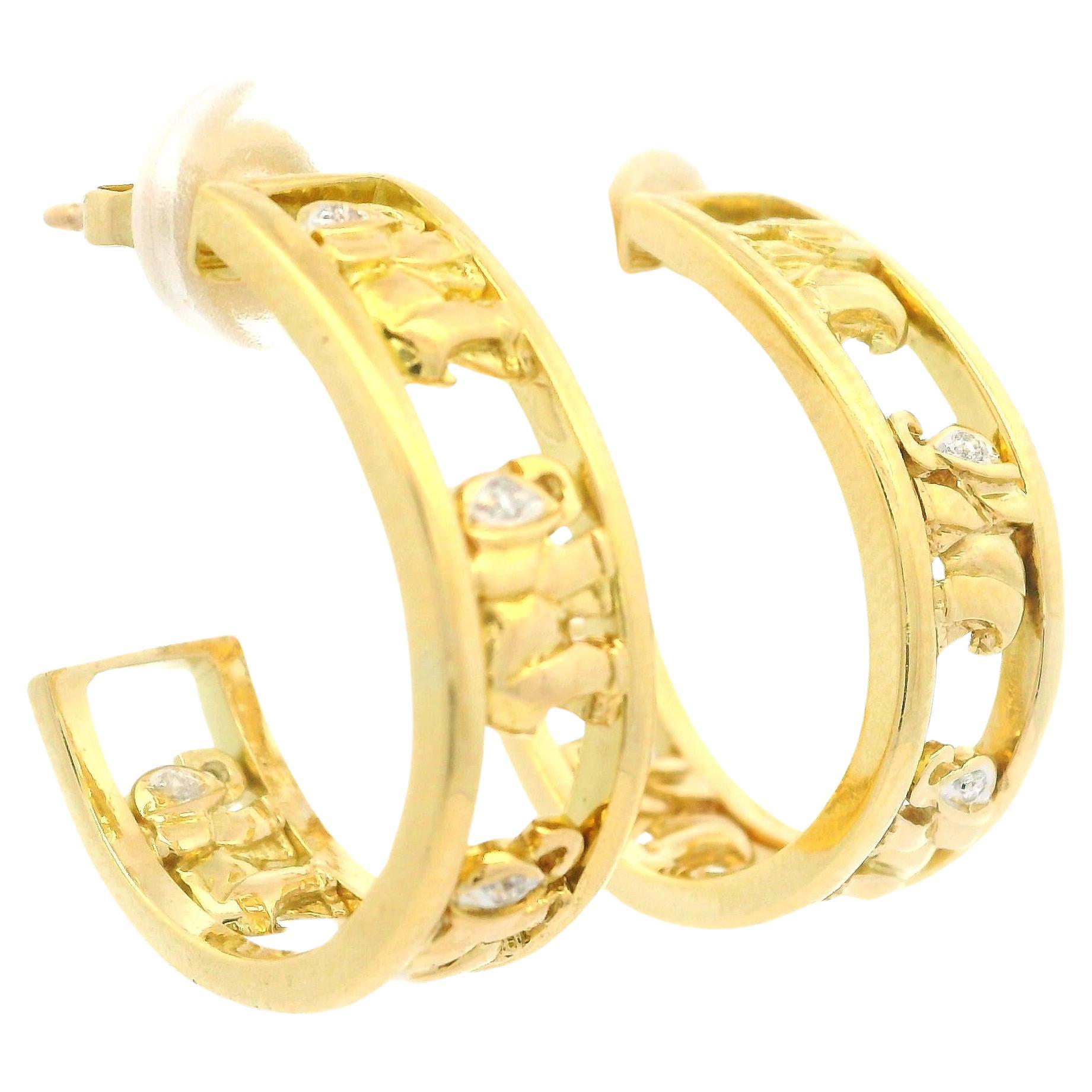 18k Yellow Gold Diamond Elephant Cut Outs Cuff Earrings w/ Butterfly Closures