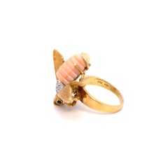 18K Yellow Gold Diamond Emerald and Angel Skin Coral Bumble Bee Ring