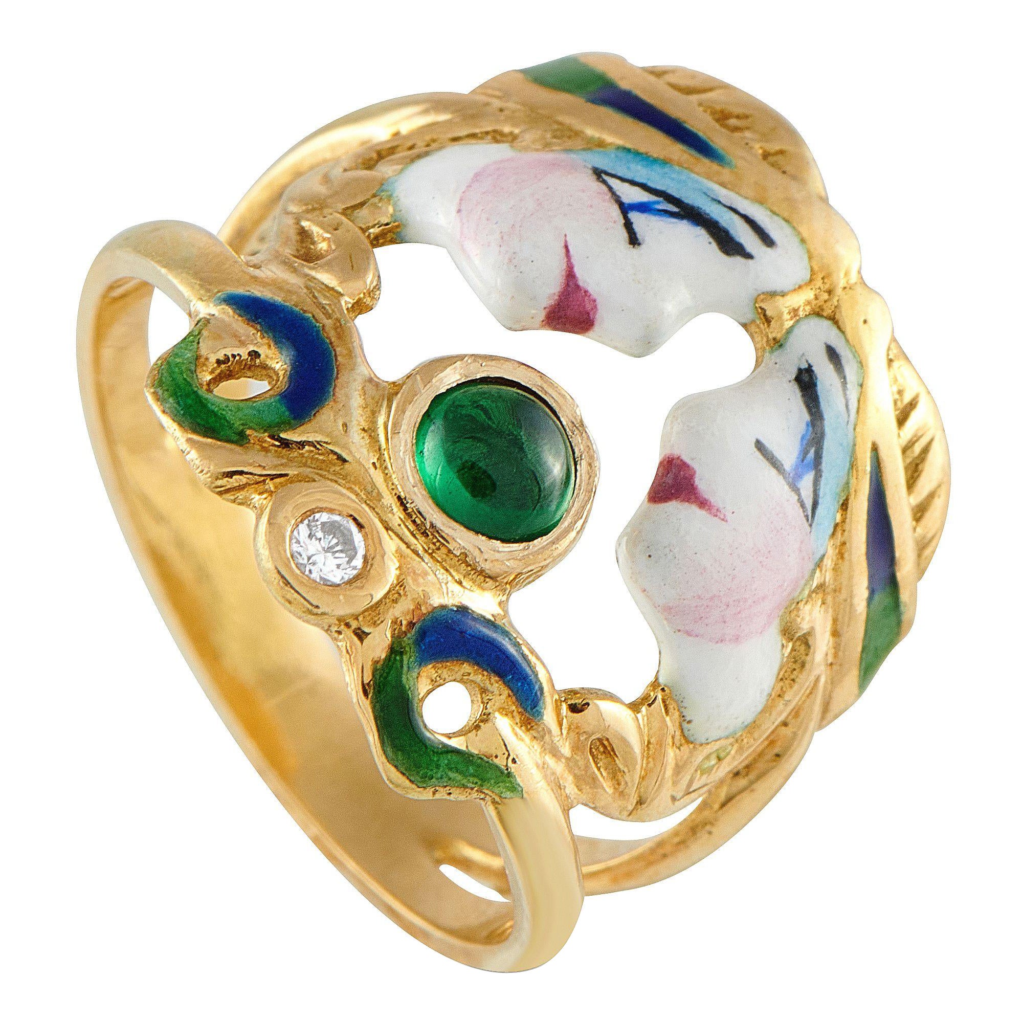 Bague en or jaune 18K avec diamant, émeraude et émail MF09-072325 en vente