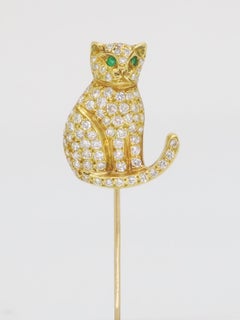 18k Yellow Gold Diamond & Emerald Cat Stick Pin