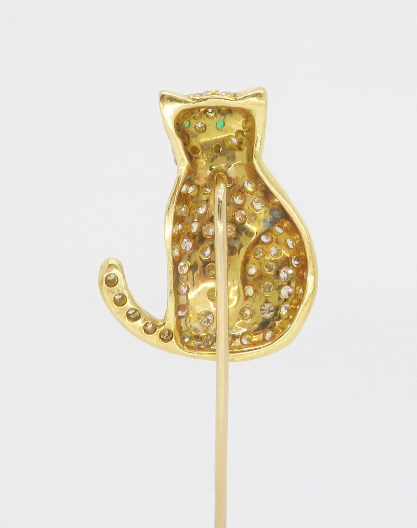 Round Cut 18k Yellow Gold Diamond & Emerald Cat Stick Pin