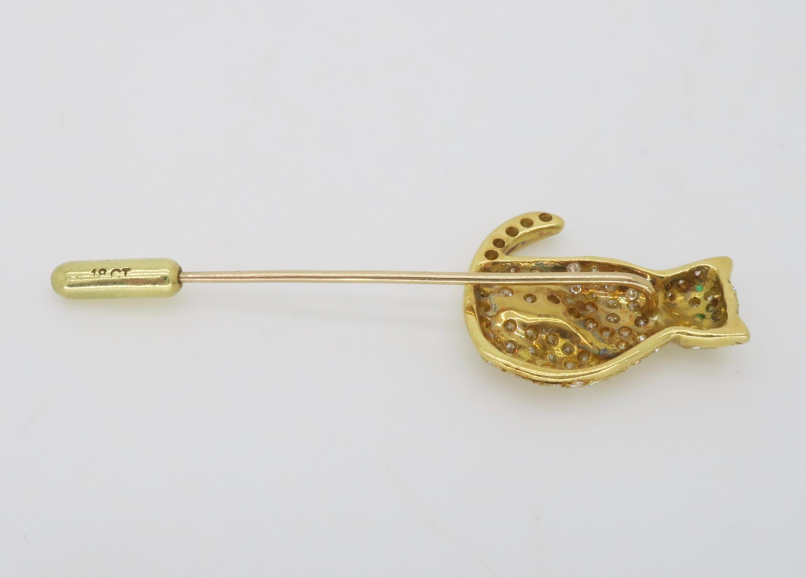 18k Yellow Gold Diamond & Emerald Cat Stick Pin 1