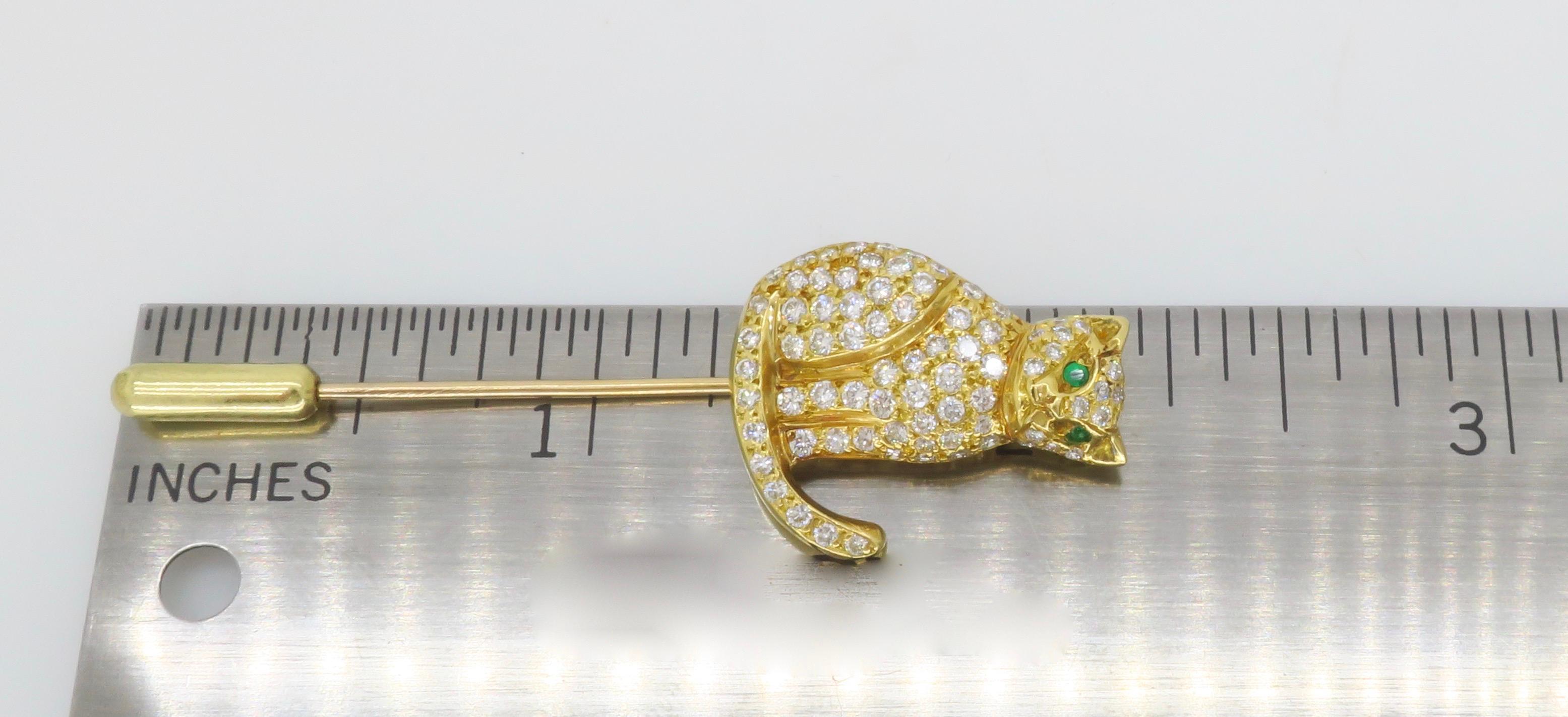 18k Yellow Gold Diamond & Emerald Cat Stick Pin 2