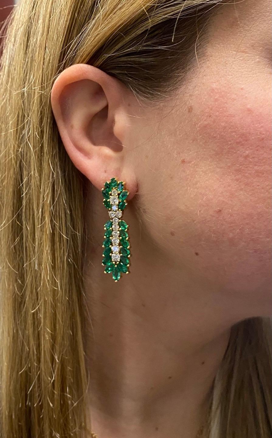 18 Karat Yellow Gold Diamond and Emerald Dangle Drop Earrings 1