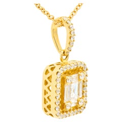 18K Yellow Gold Diamond Emerald Illusion Pendant with Diamond Halo and Chain