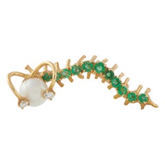 Spilla a forma di bruco in oro giallo 18 carati con diamanti, smeraldi e perle MF26-122225