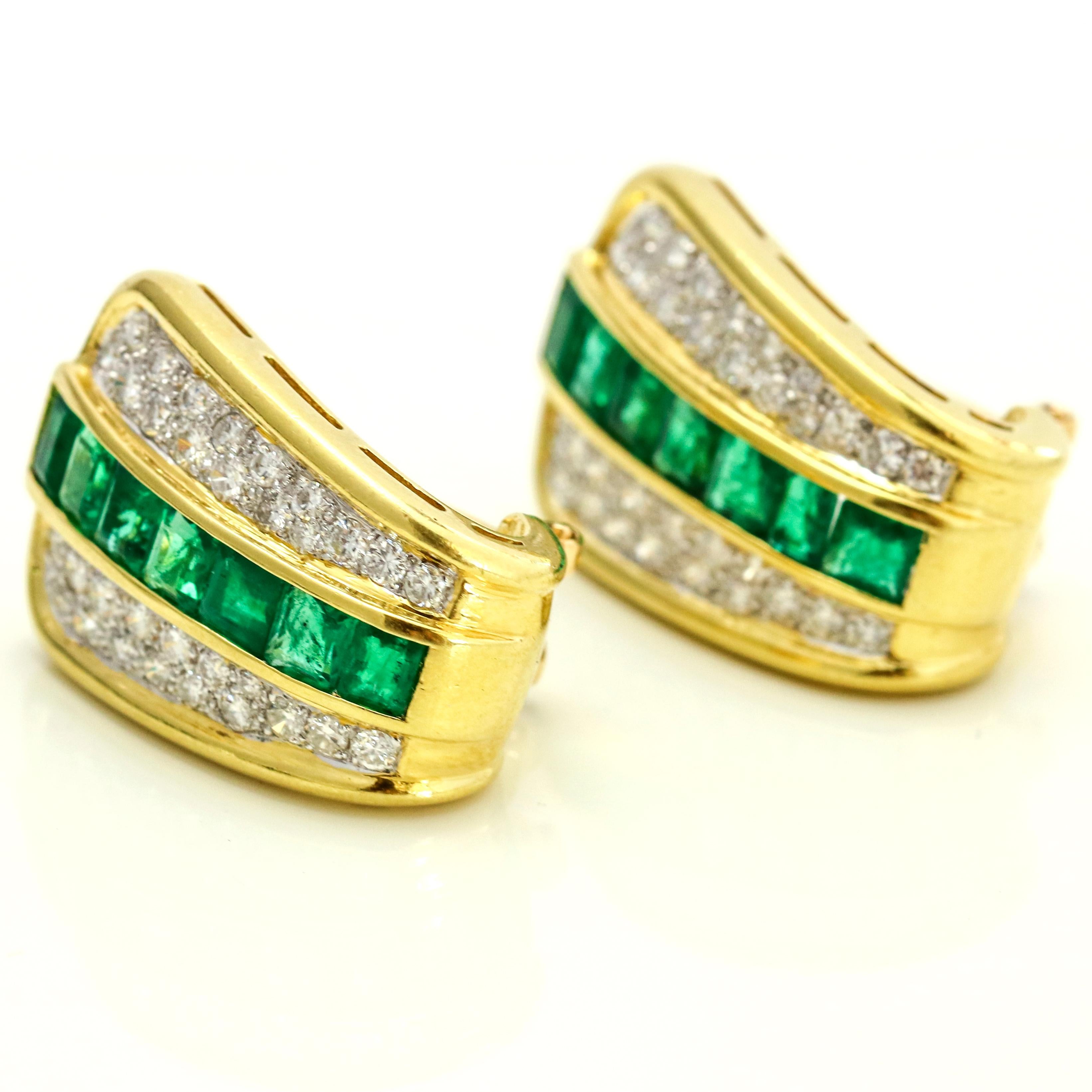 Princess Cut 18 Karat Yellow Gold Diamond Emerald Retro Shield Earrings For Sale