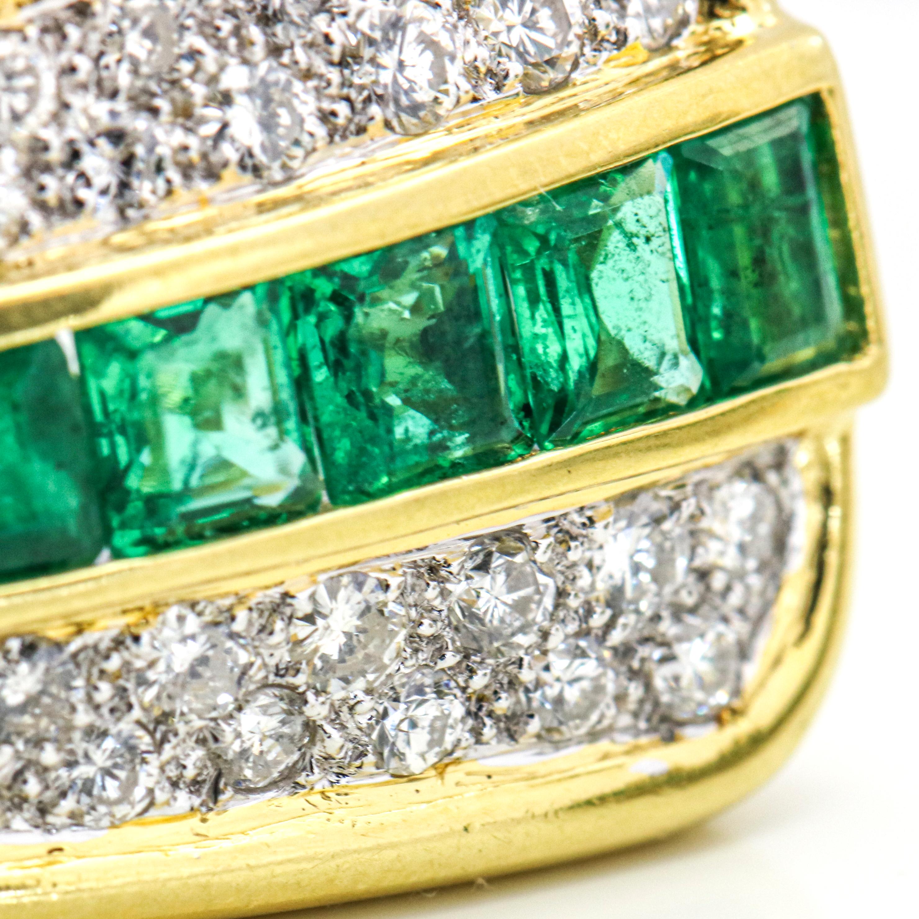 Women's 18 Karat Yellow Gold Diamond Emerald Retro Shield Earrings For Sale