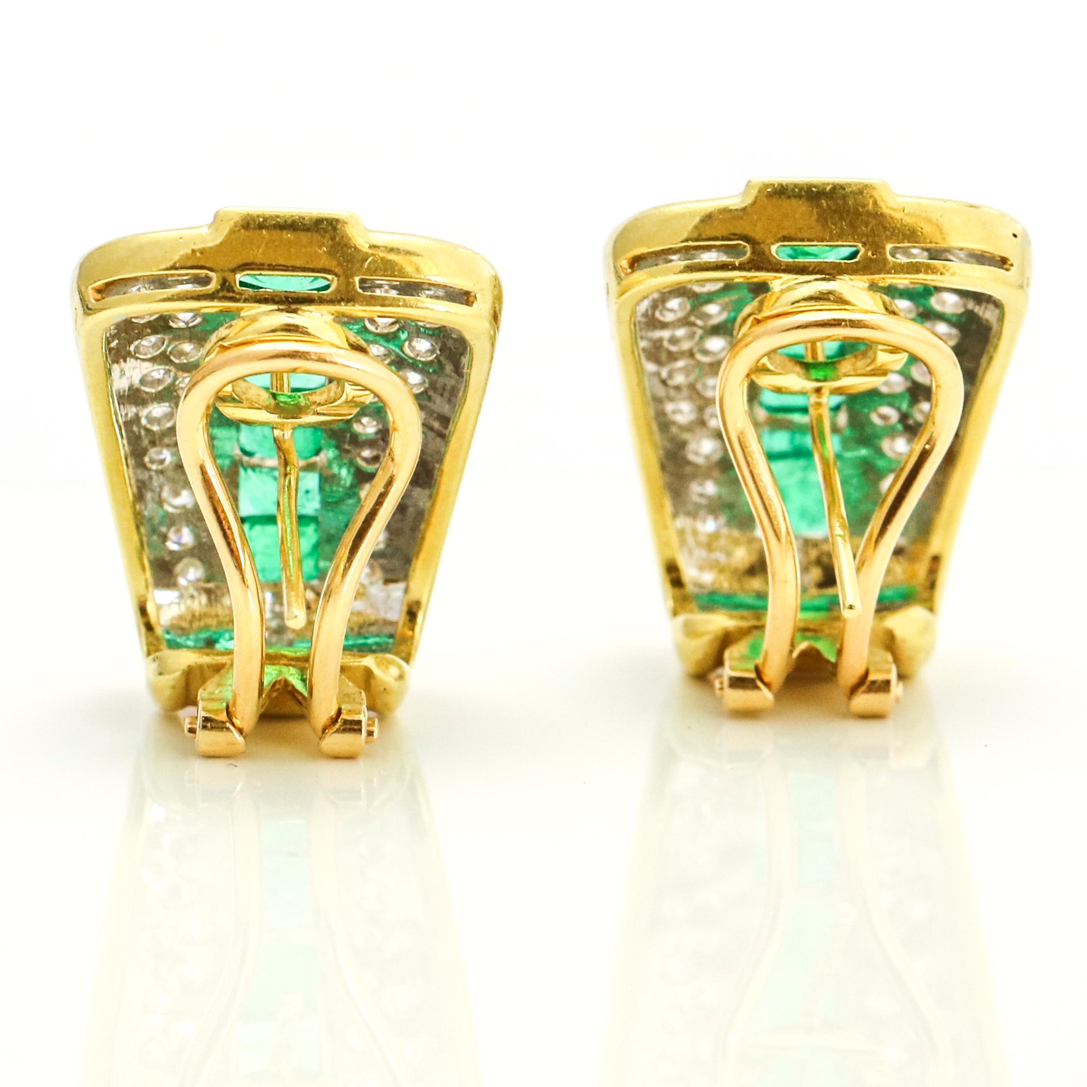 18 Karat Yellow Gold Diamond Emerald Retro Shield Earrings For Sale 2