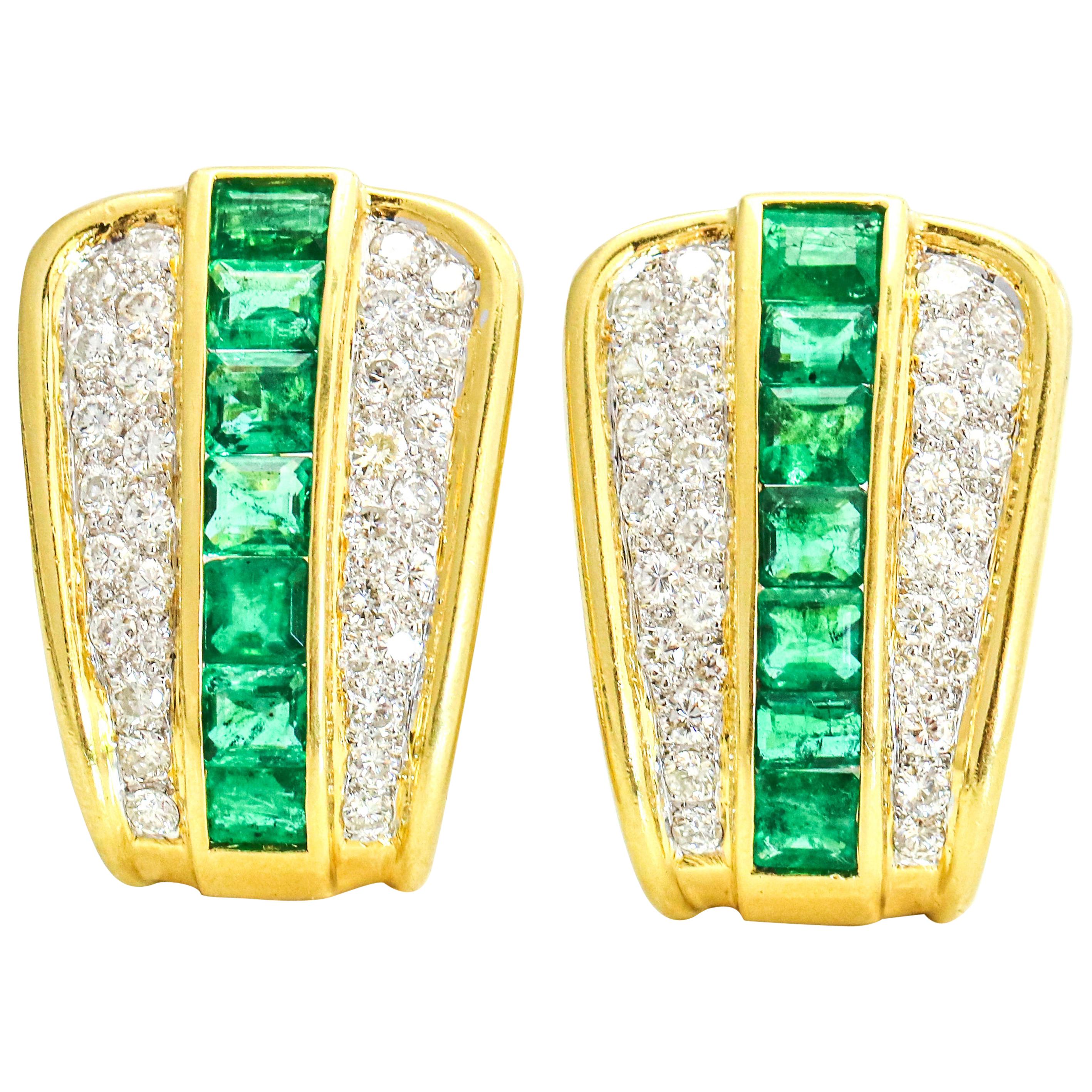 18 Karat Yellow Gold Diamond Emerald Retro Shield Earrings For Sale