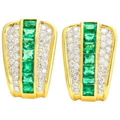 18 Karat Yellow Gold Diamond Emerald Retro Shield Earrings