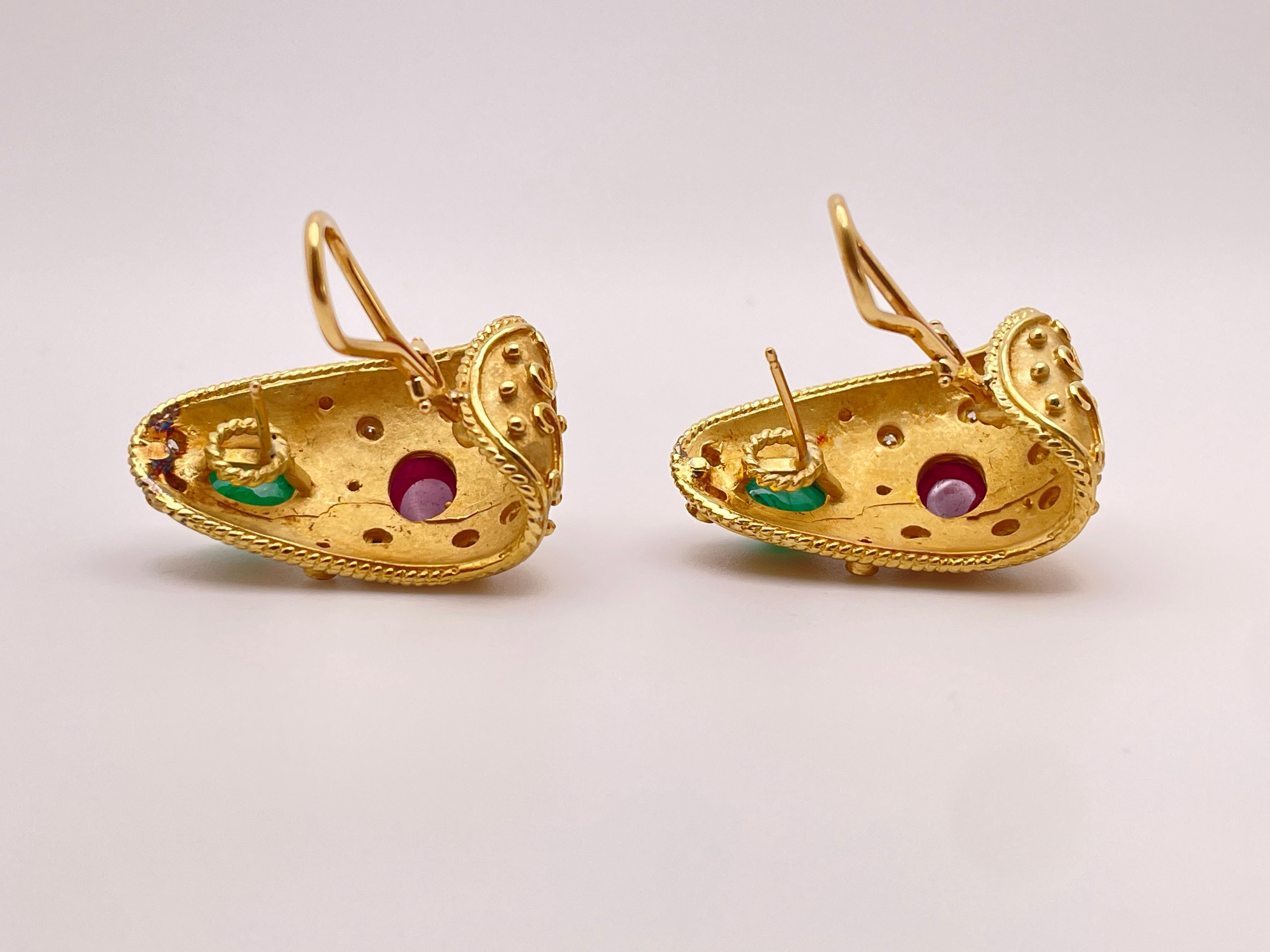 18K Yellow Gold Diamond Emerald Ruby Byzantine Earrings For Sale 6