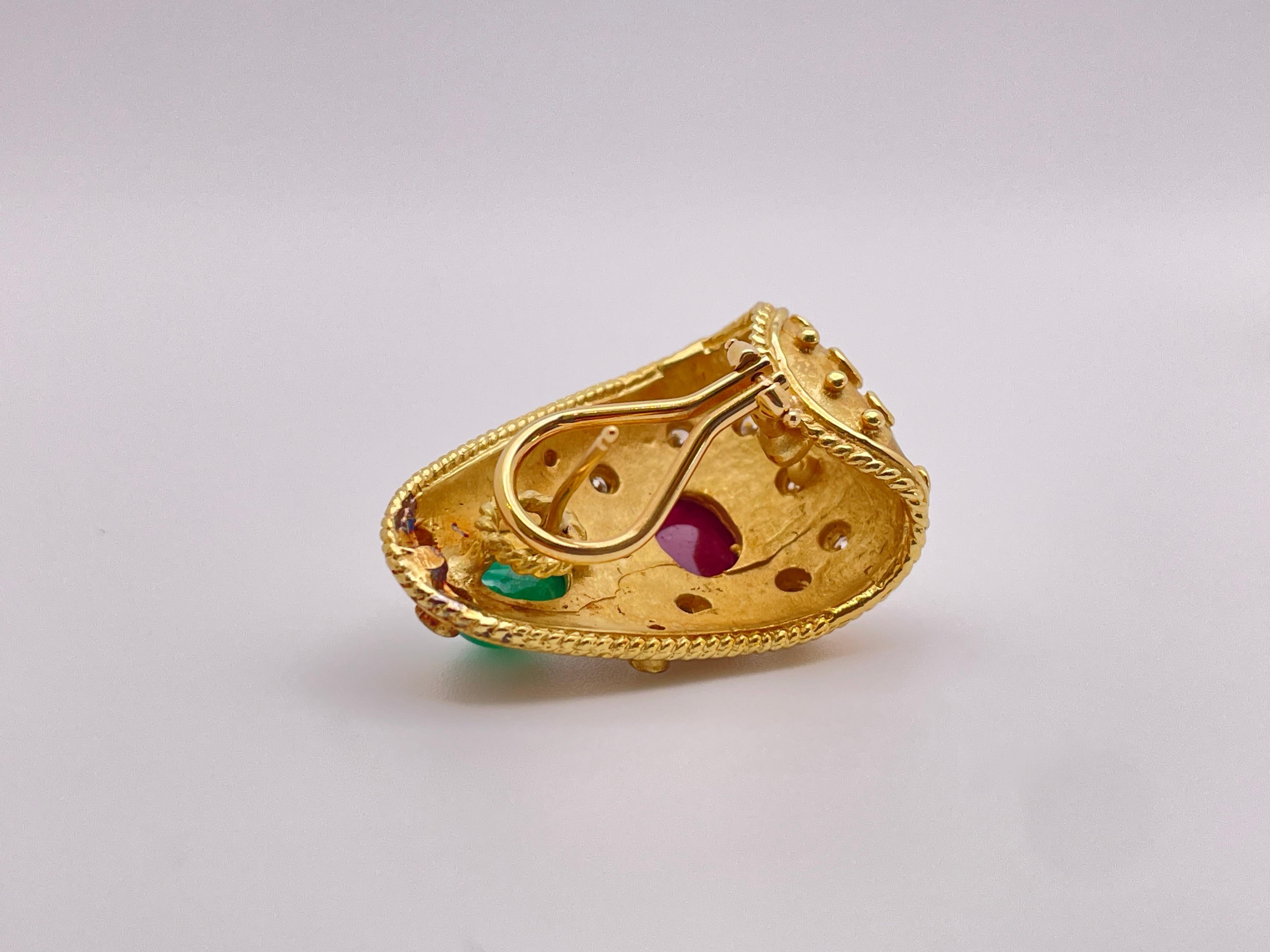 18K Yellow Gold Diamond Emerald Ruby Byzantine Earrings For Sale 4