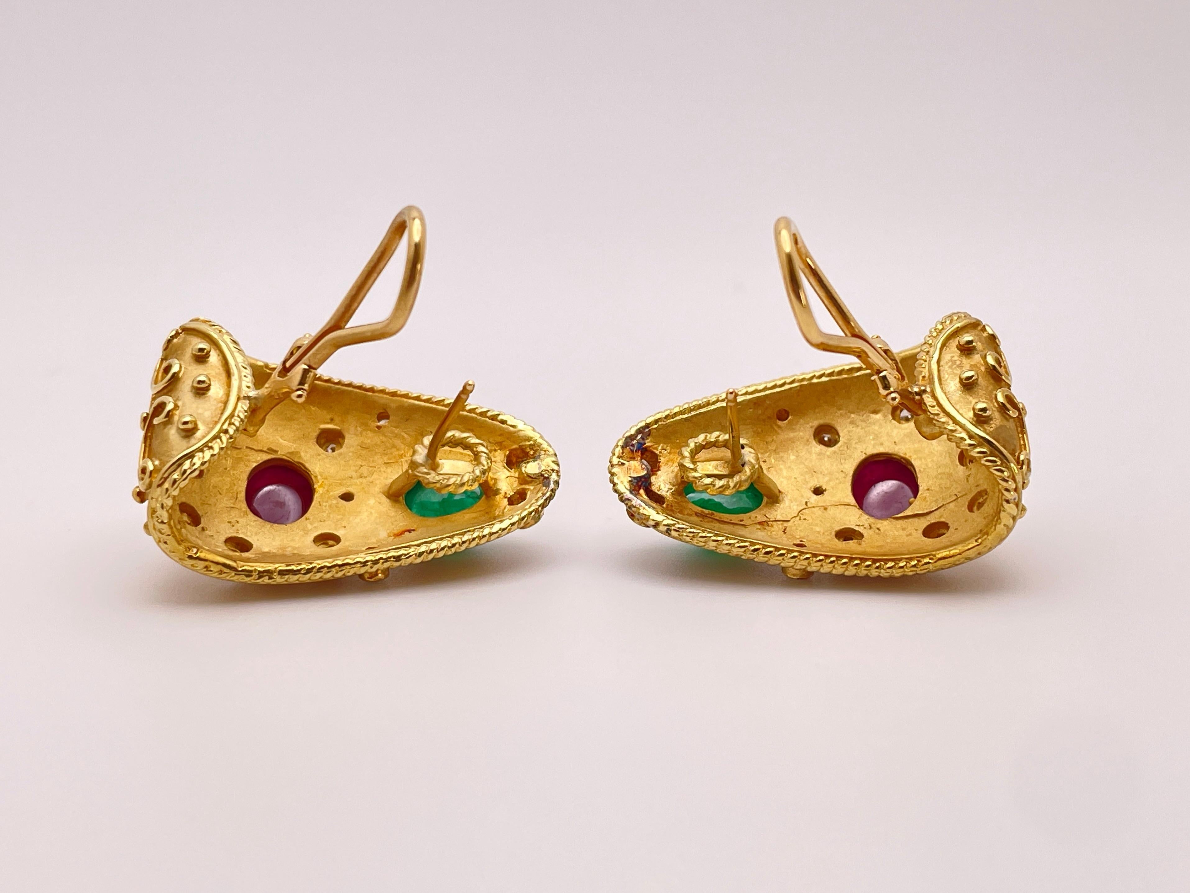 18K Yellow Gold Diamond Emerald Ruby Byzantine Earrings For Sale 1