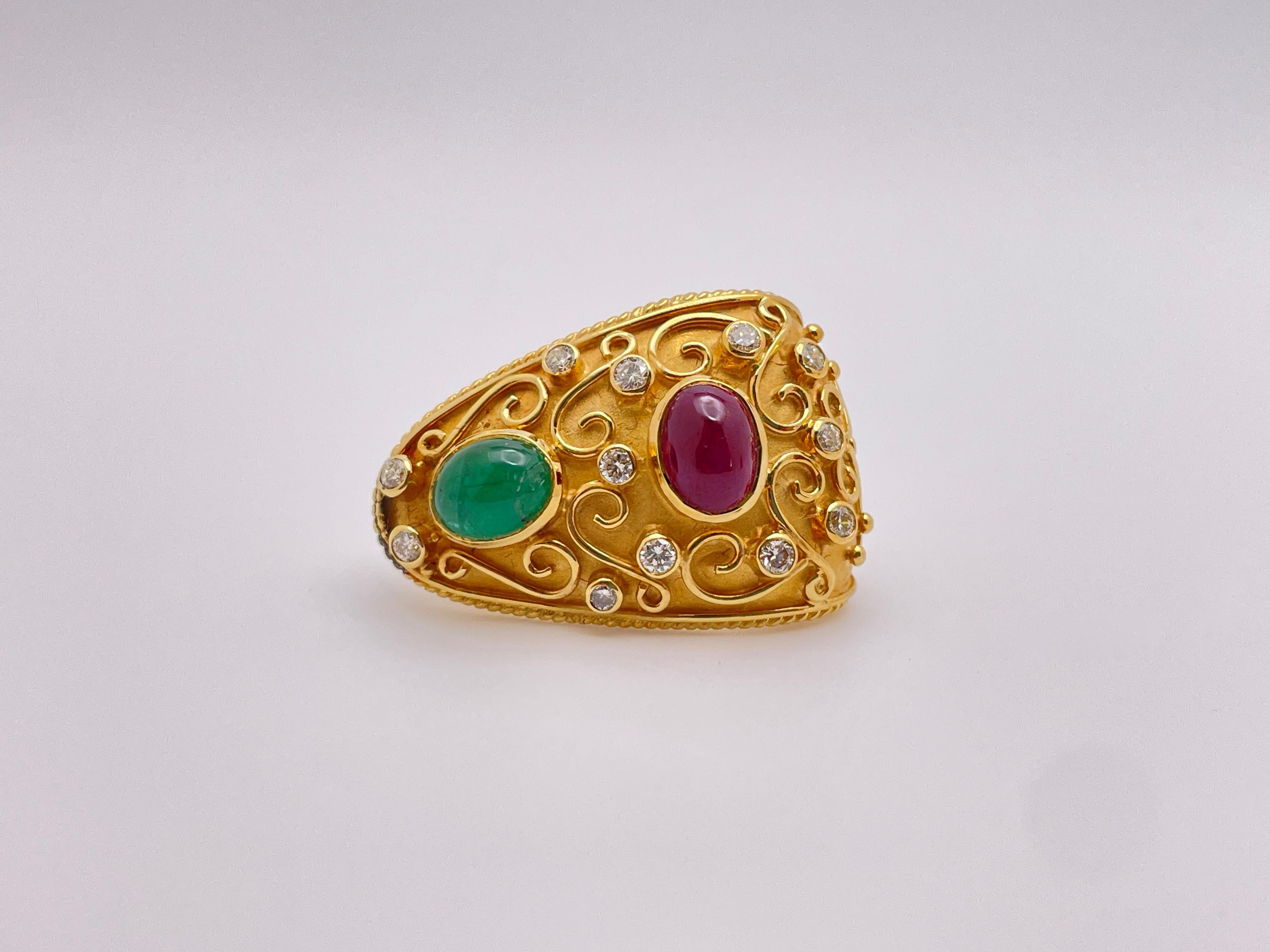 18K Yellow Gold Diamond Emerald Ruby Byzantine Earrings In Good Condition For Sale In Westport, CT