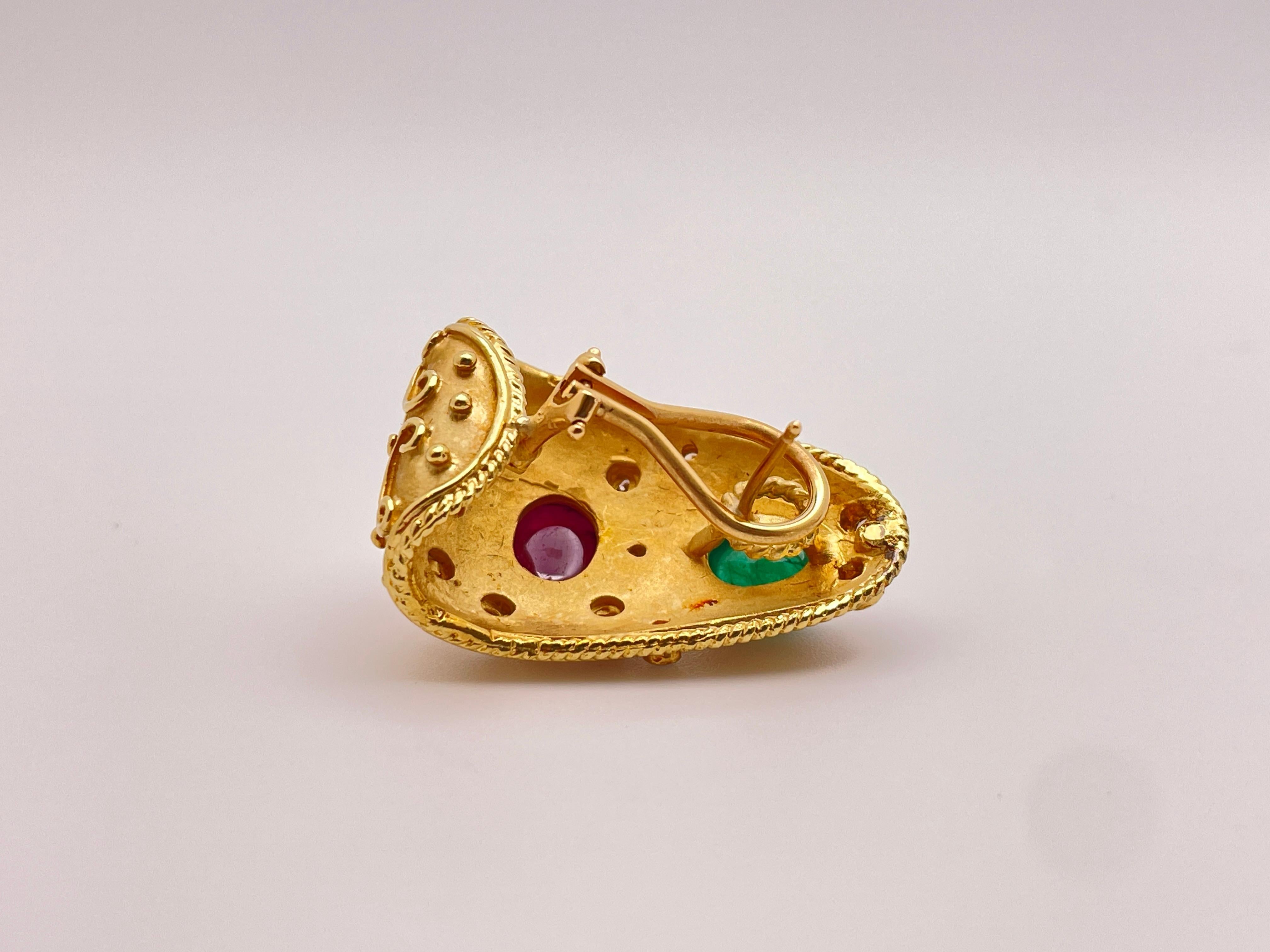 18K Yellow Gold Diamond Emerald Ruby Byzantine Earrings For Sale 3