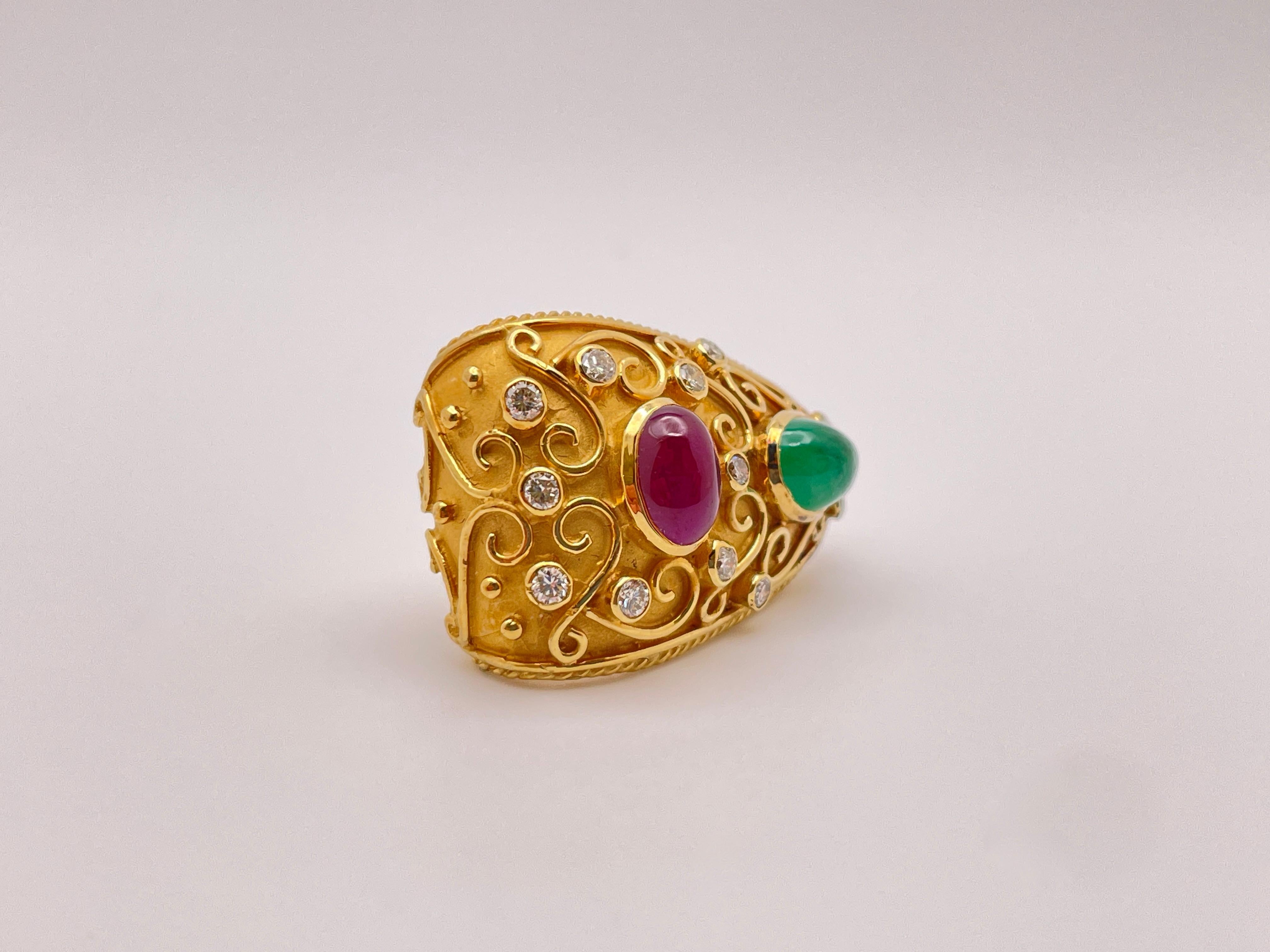 Women's or Men's 18K Yellow Gold Diamond Emerald Ruby Byzantine Earrings For Sale