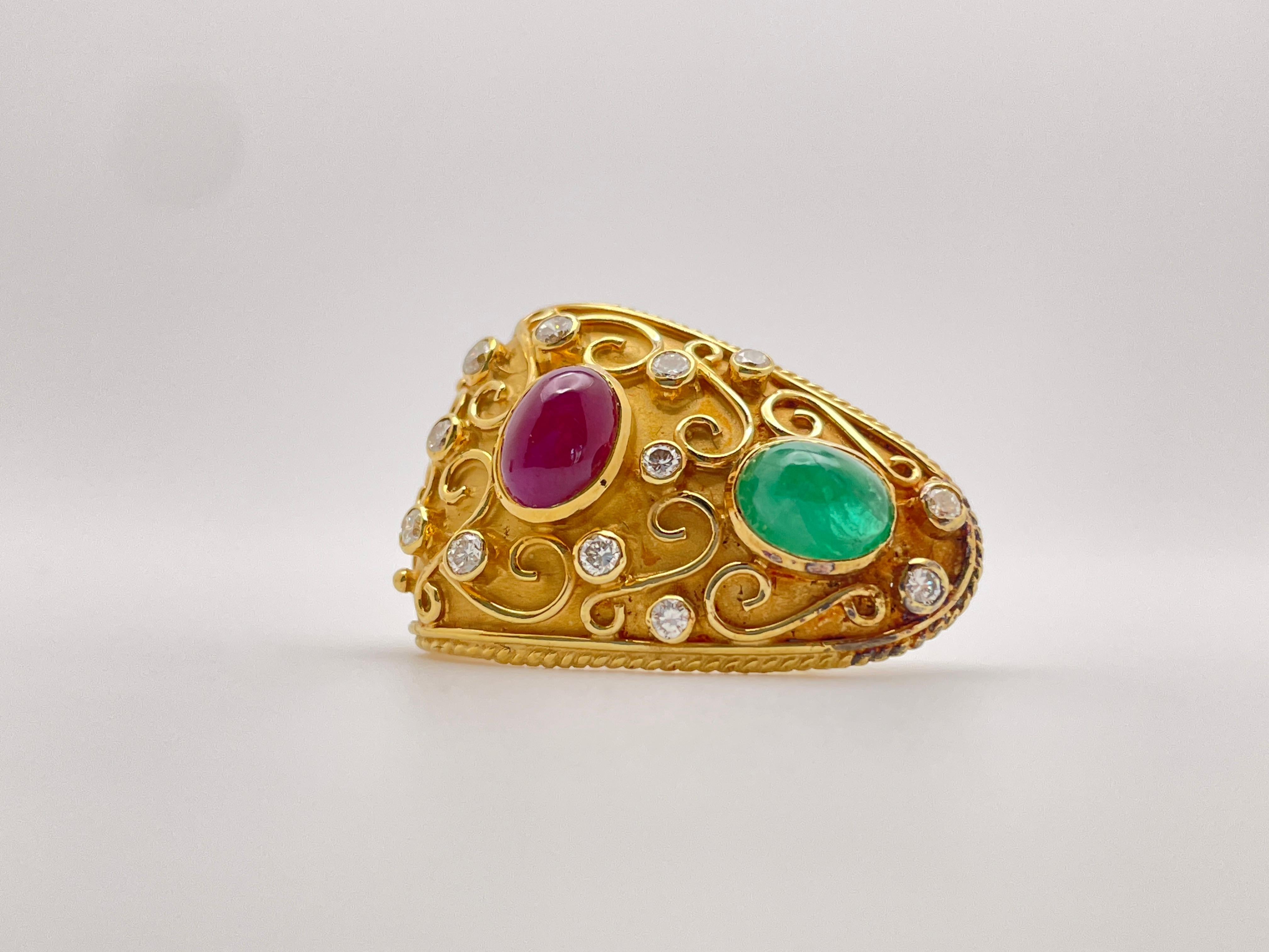 Cabochon 18K Yellow Gold Diamond Emerald Ruby Byzantine Earrings For Sale