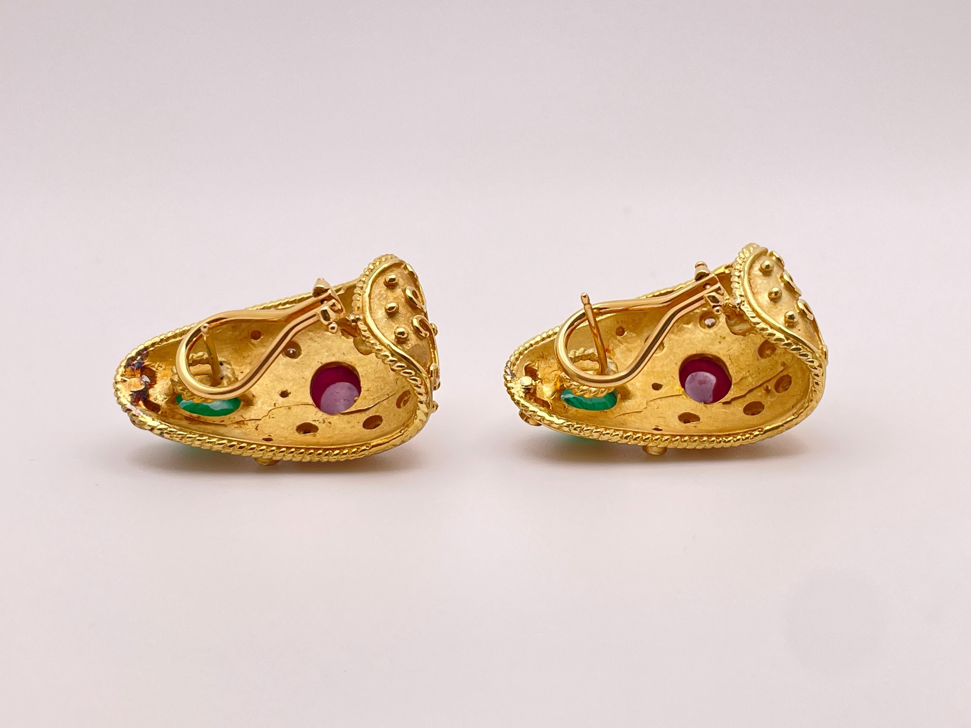 18K Yellow Gold Diamond Emerald Ruby Byzantine Earrings For Sale 5