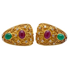 18K Yellow Gold Diamond Emerald Ruby Byzantine Earrings