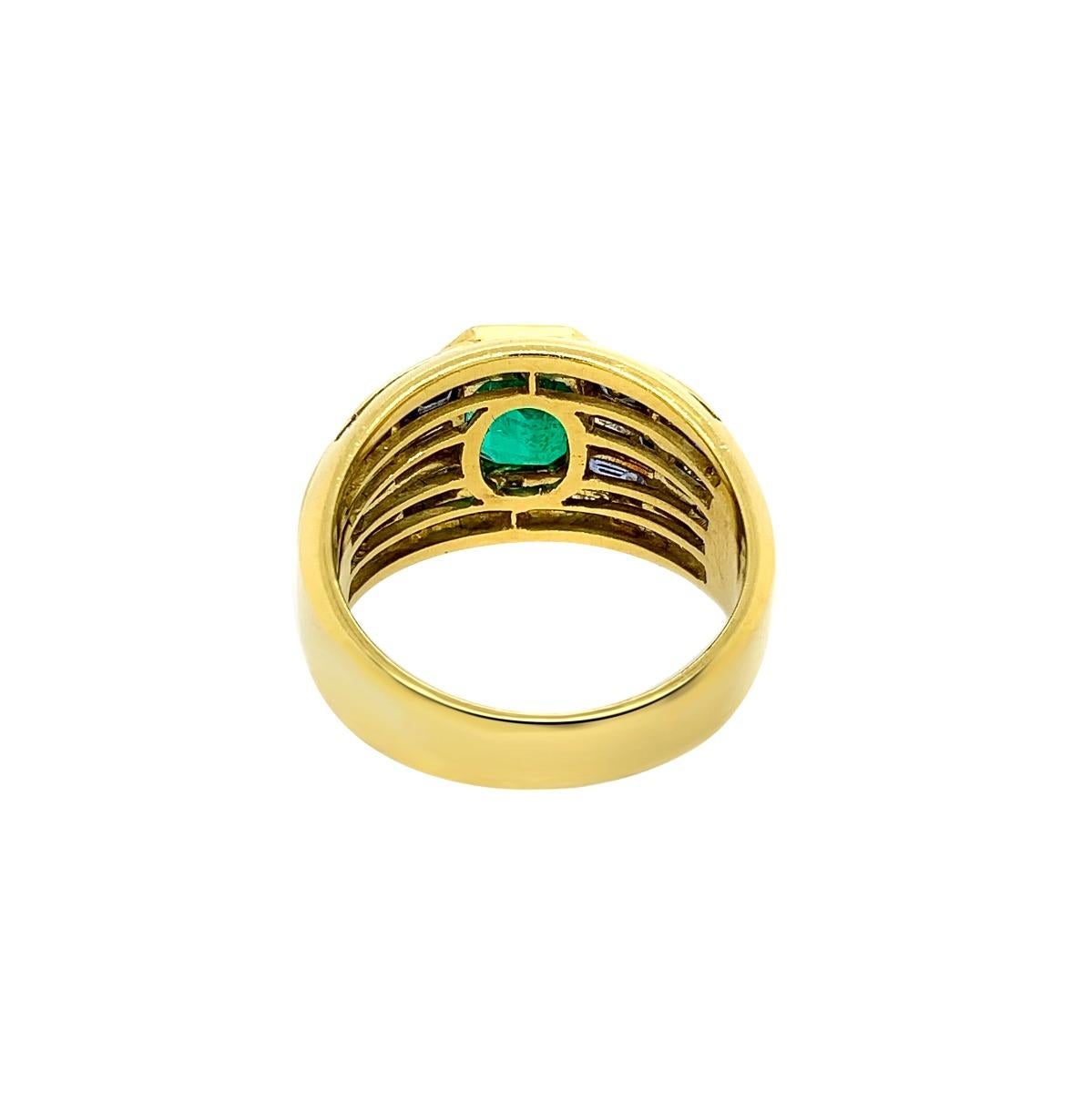 Metal: 18k Yellow Gold
Condition: Excellent
Ring Size: 6.5
Gemstone: Diamond, Sapphire & Emerald( COLOMBIAN)
Emerald Weight: 1.5 CT
Emerald Color: green, Very translucent
Baguette Cut Diamond : Approx 1CT
Sapphire Weight: 0.50 CT
Total Item Weight: