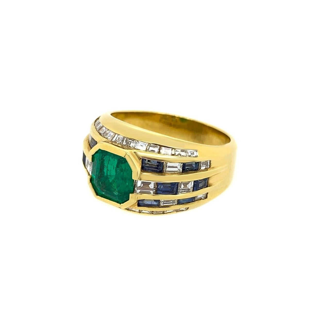 Women's 18 Karat Yellow Gold Diamond Emerald and Sapphire Ring For Sale