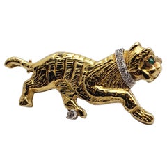 18K Yellow Gold Diamond Emerald Tiger Brooch