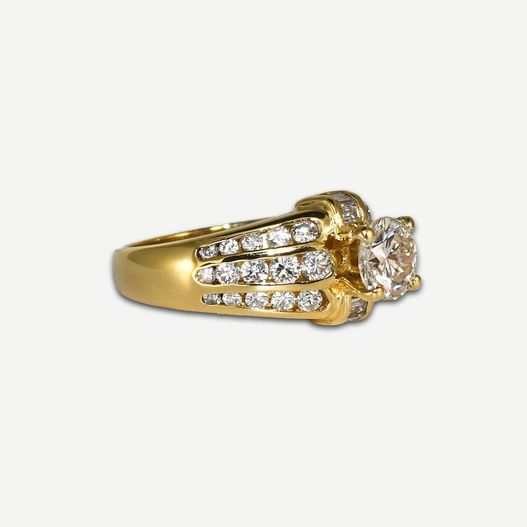 Ladies' diamond engagement in 18k yellow setting. Stamped 18k and weighs 7 grams gross weight.
The center diamond is a .97 carat round brilliant cut, k, l, m  color, Si2 to i1 clarity, and good symmetry.
There is an inclusion towards the edge that
