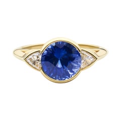 18k Yellow Gold Diamond Engagement Ring with 3.08 Round Blue Ceylon Sapphire