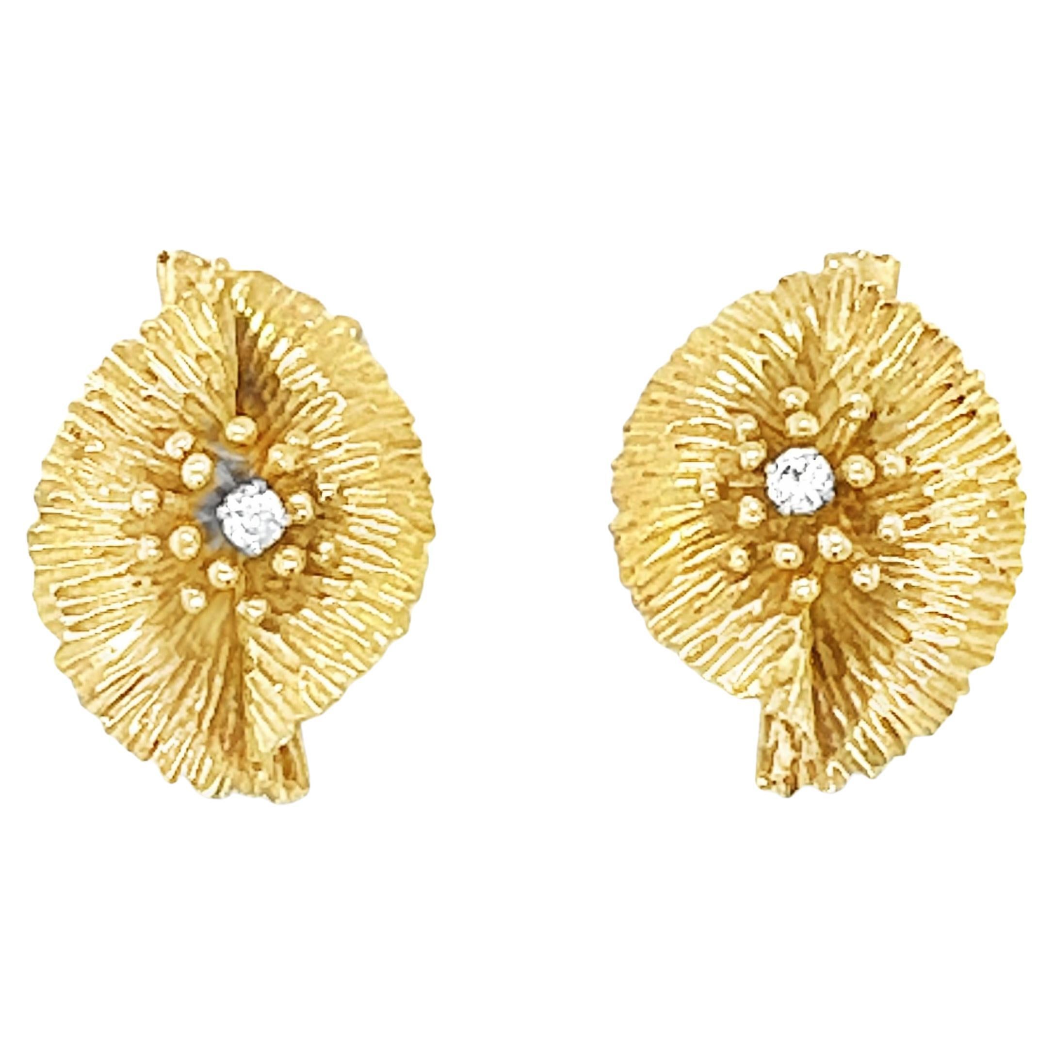 18k Yellow Gold Diamond Fan Motif Earclips