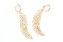18k Yellow Gold Diamond Feather Dangle Drop Earrings 2.40ctw F-G/VS-SI
