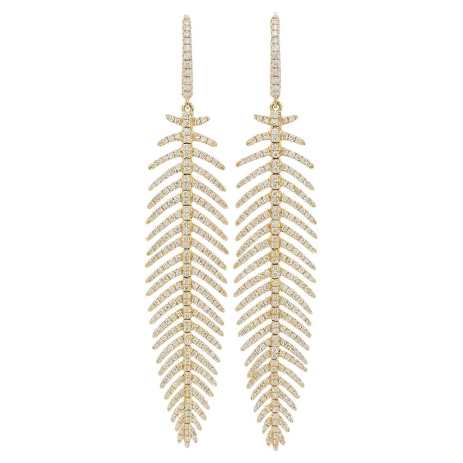18k Yellow Gold Diamond Feather Dangle Drop Earrings 2.40ctw F-G/VS-SI