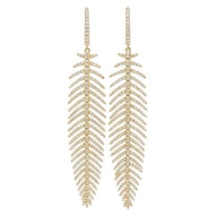 18k Yellow Gold Diamond Feather Dangle Drop Earrings 2.40ctw F-G/VS-SI