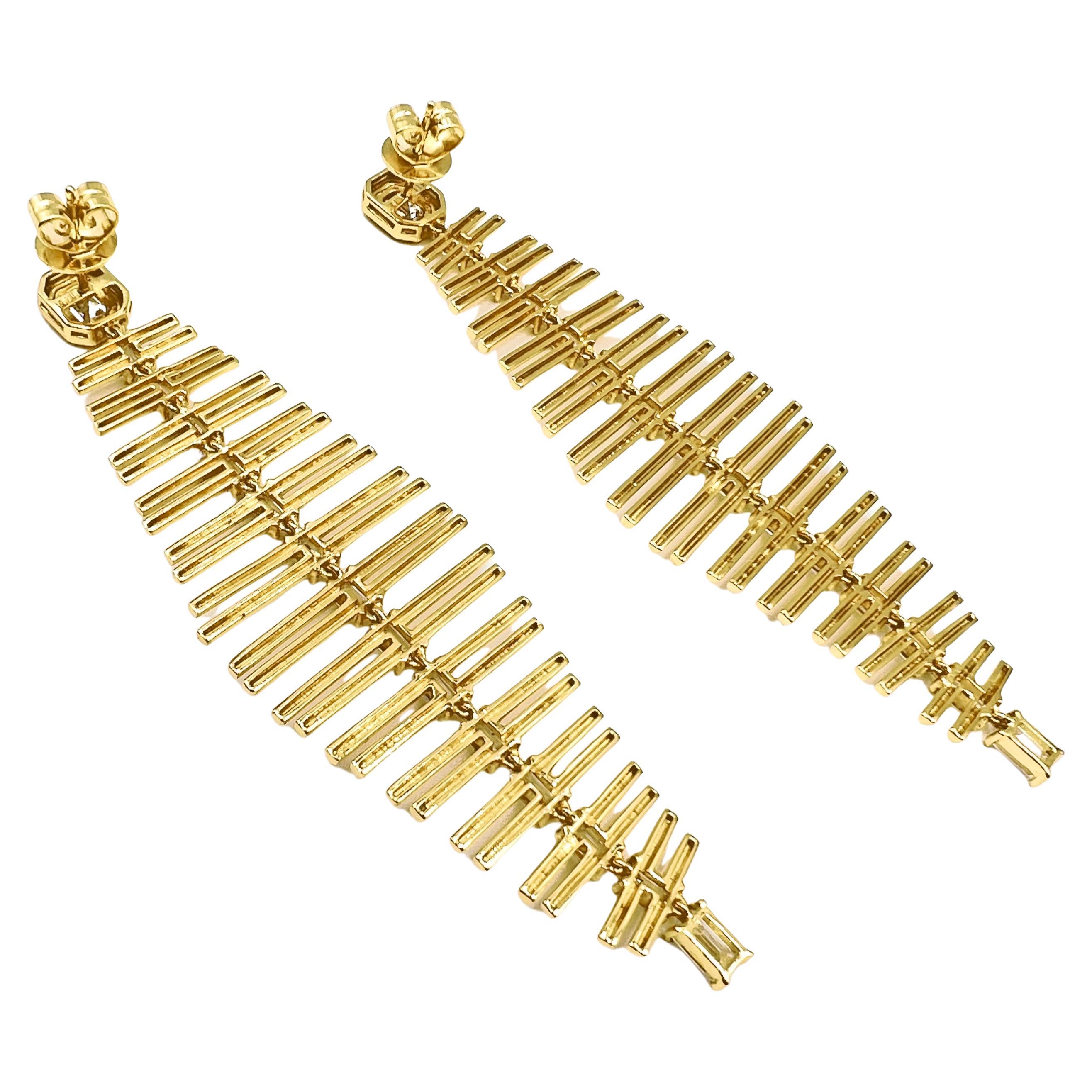 Modern 18k Yellow Gold Diamond Fishbone Drop Earrings