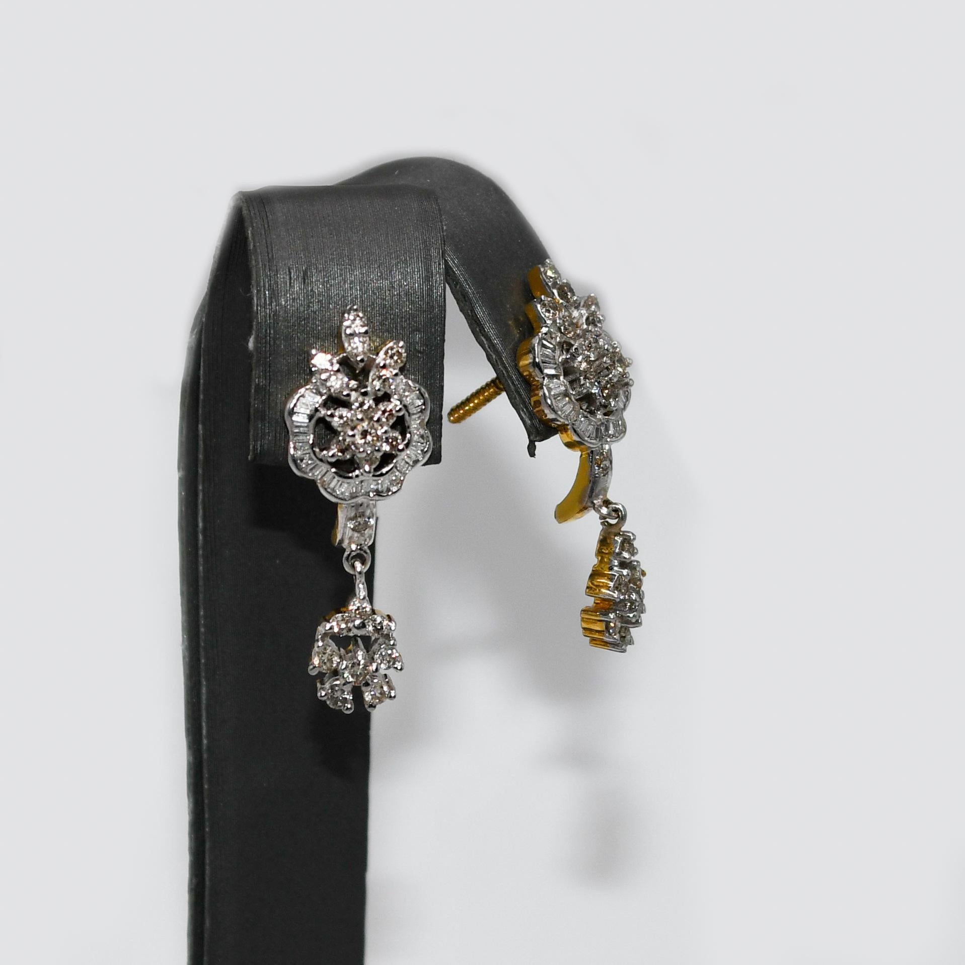 Women's or Men's 18k Yellow Gold Diamond Floral Earrings, 6.6gr, .80tdw For Sale