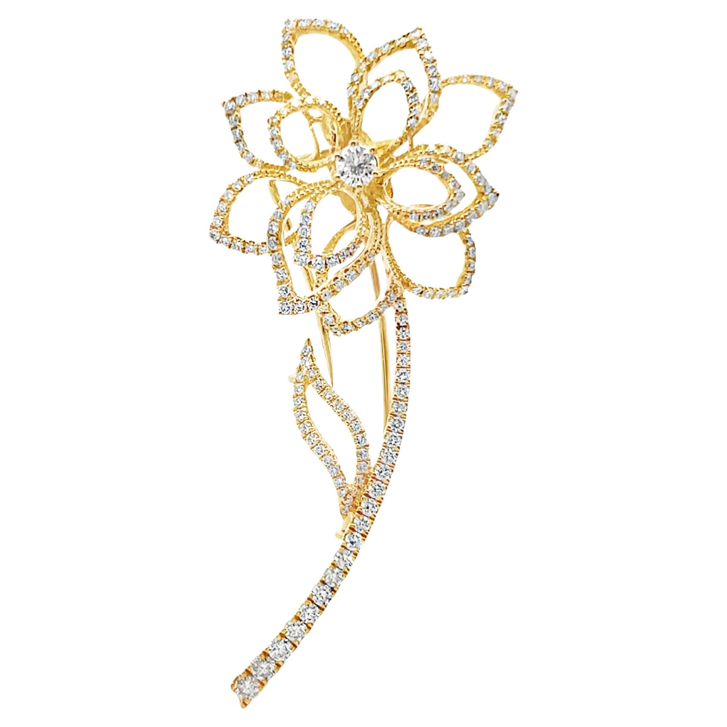 18k Yellow Gold Diamond Flower Brooch