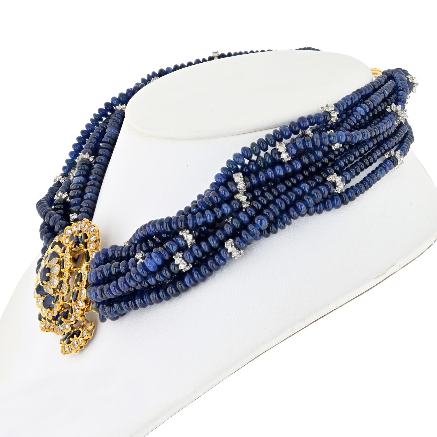 18 Karat Gelbgold Diamant Blume Multi-Sapphire Strand Halskette (Moderne) im Angebot