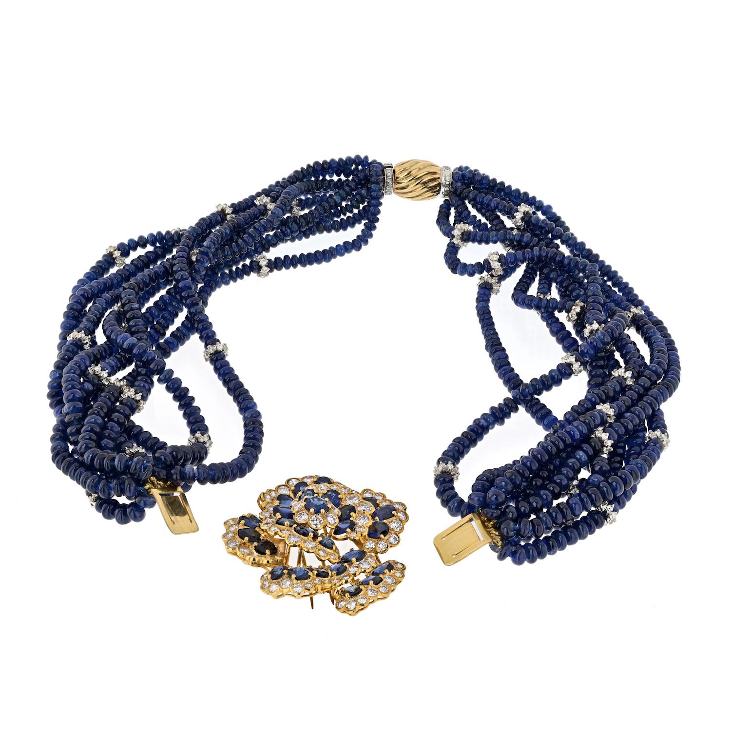 18 Karat Gelbgold Diamant Blume Multi-Sapphire Strand Halskette im Zustand „Hervorragend“ im Angebot in New York, NY