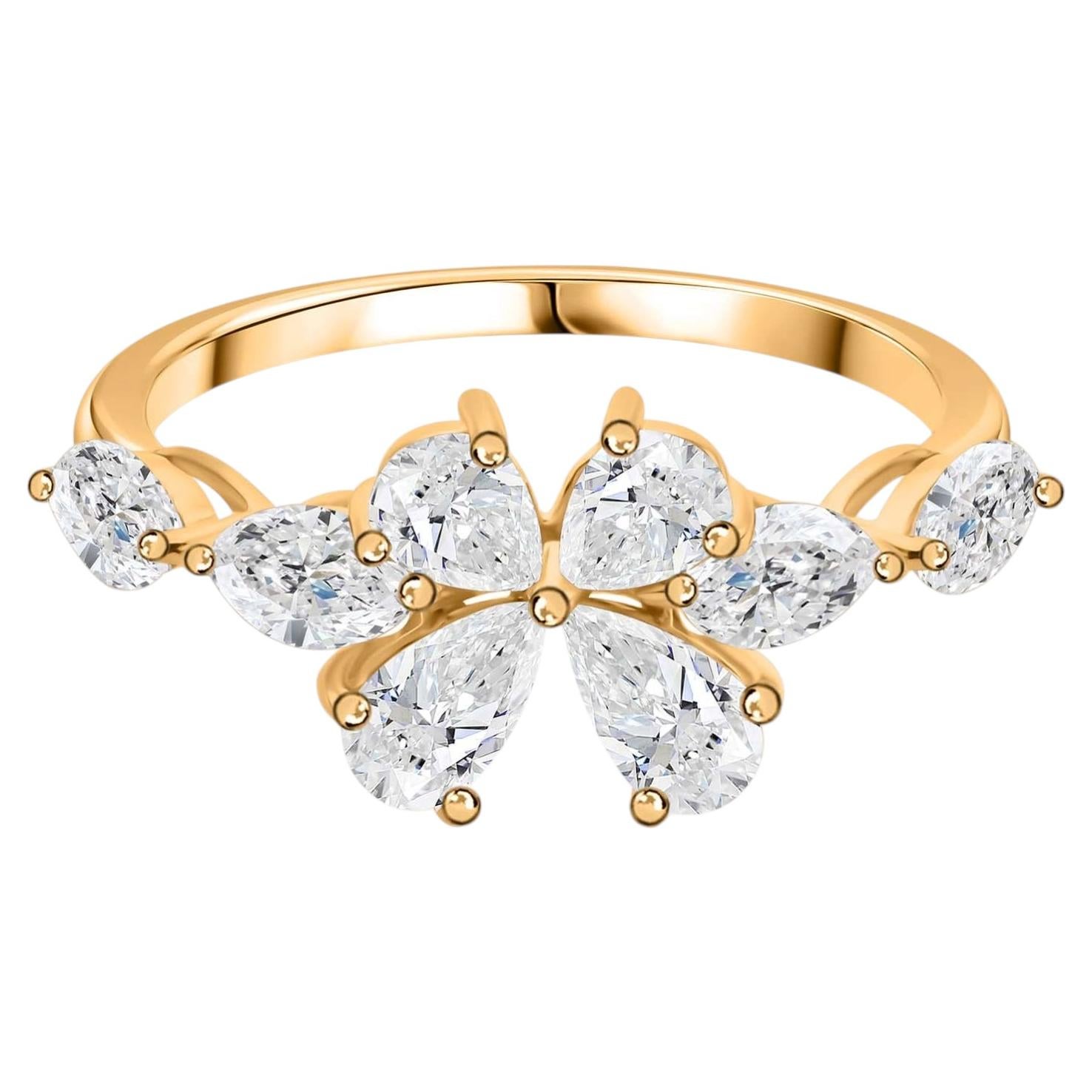 18K Yellow Gold Natural Marquise Cut Diamond Flower Ring Handmade Fine Jewelry