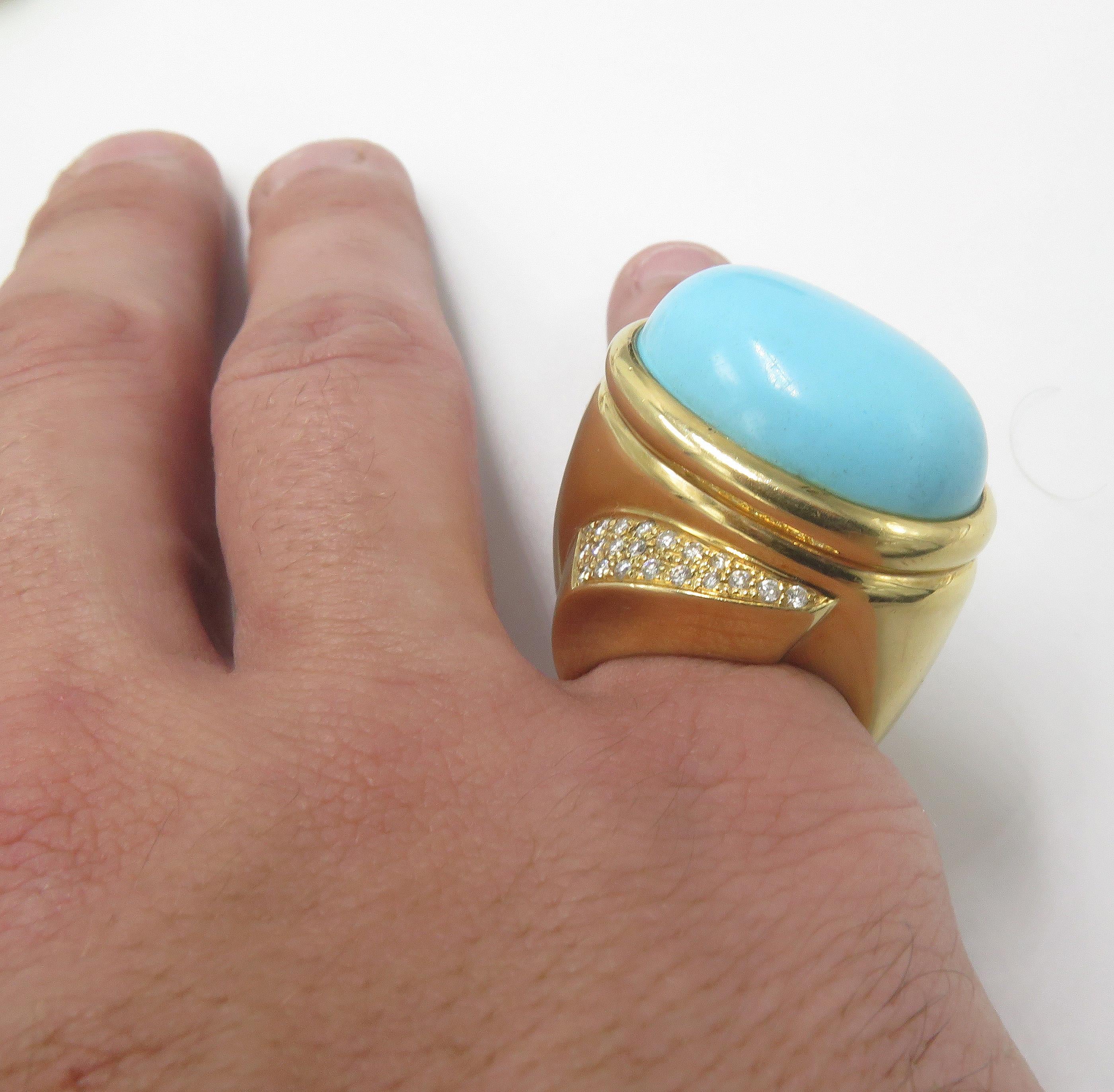 Women's or Men's 18 Karat Yellow Gold Diamond Turquoise Ring