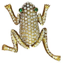 Broche grenouille en or jaune 18 carats avec yeux d'émeraude et membres articulés