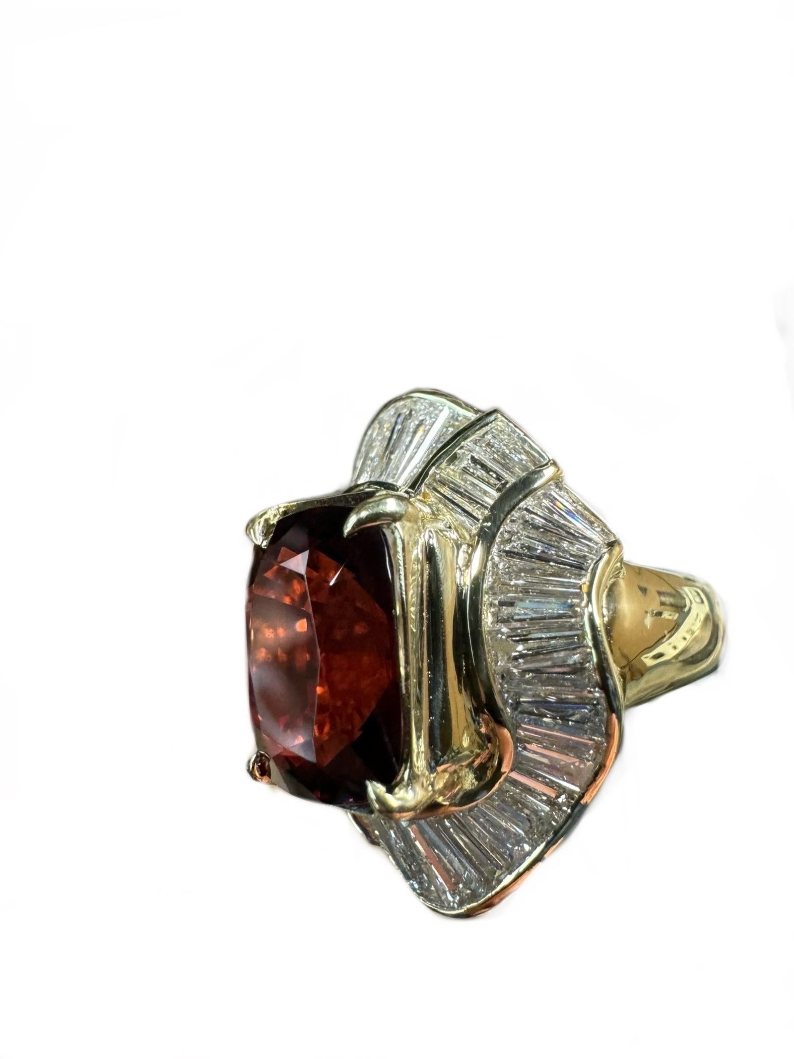 DeKara Design Collection 

Metal- 18K Yellow Gold, .750.  12.50 Grams. 

Stones- 1 GIA Certified No Heat Orangy Red Spinel 6.91 Carats, 44 E-F Color VS1-SI1 Tapered Baguettes 5.50 Carats.

GIA Report Number 52325113070

Size- 6 1/2.  Free Sizing. 