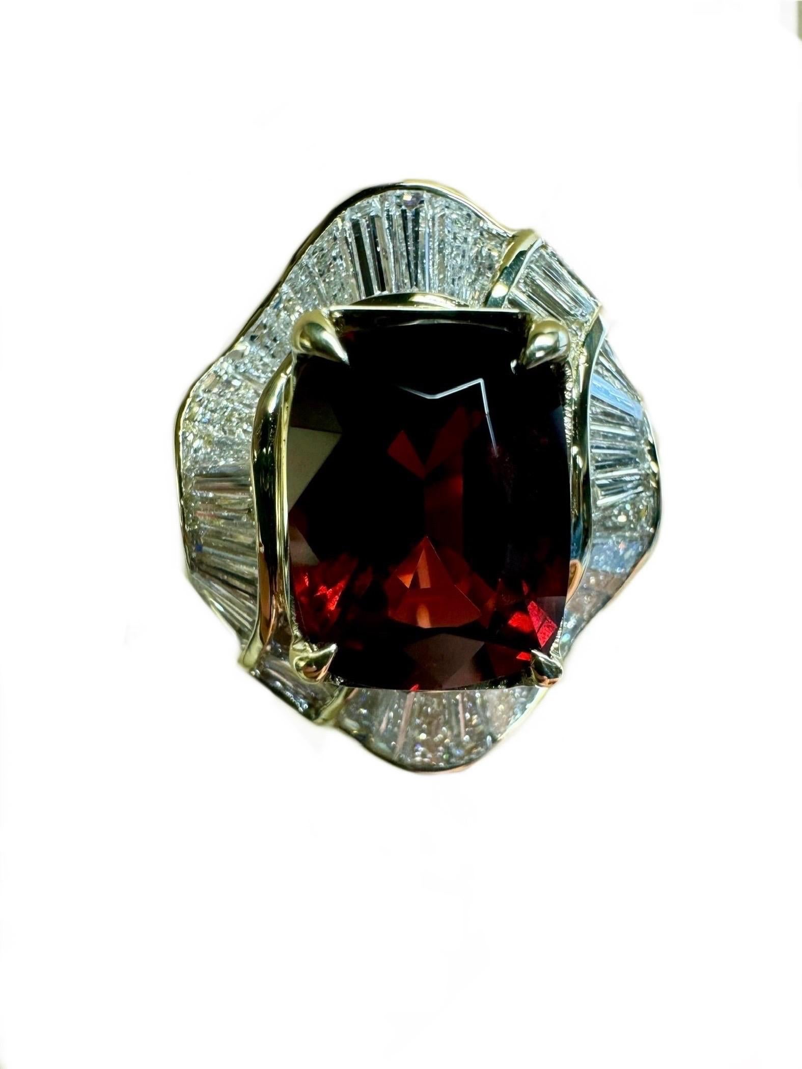 Modern 18K Yellow Gold Diamond GIA Certified 12.41 Carat Cushion Cut Red Spinel Ring For Sale