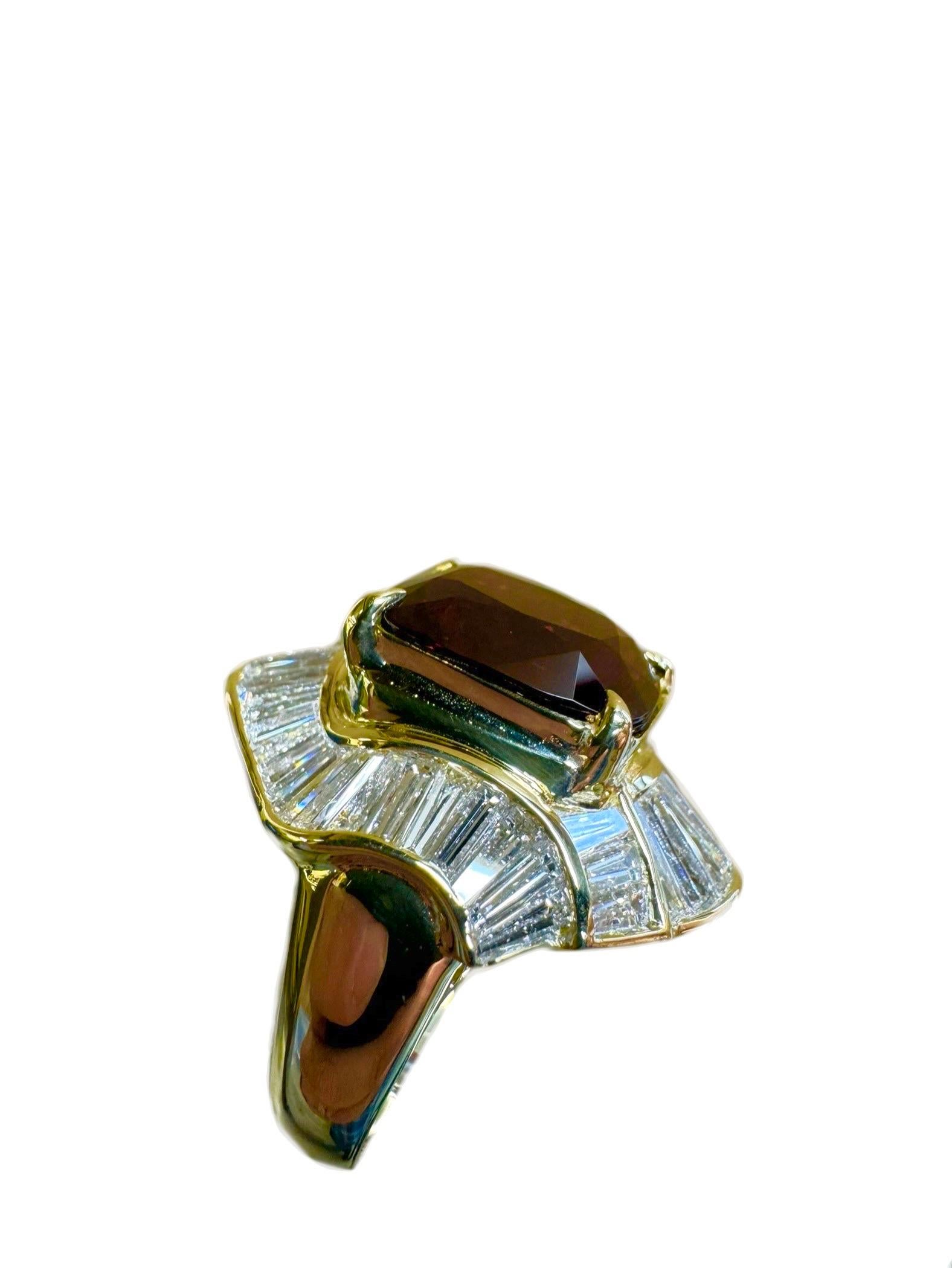 18K Yellow Gold Diamond GIA Certified 12.41 Carat Cushion Cut Red Spinel Ring For Sale 2